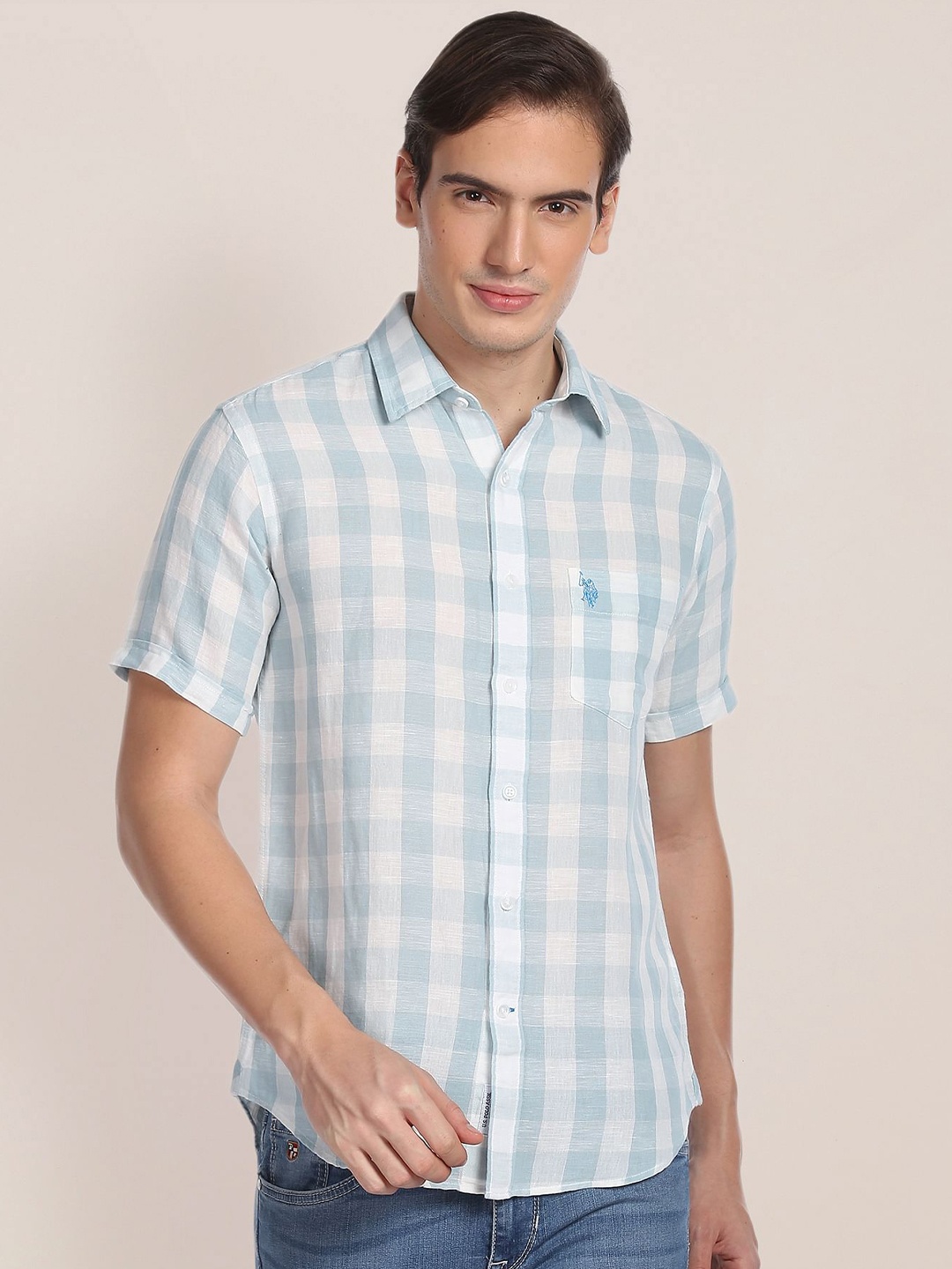 

U.S. Polo Assn. Gingham Checks Checked Linen Cotton Casual Shirt, Blue