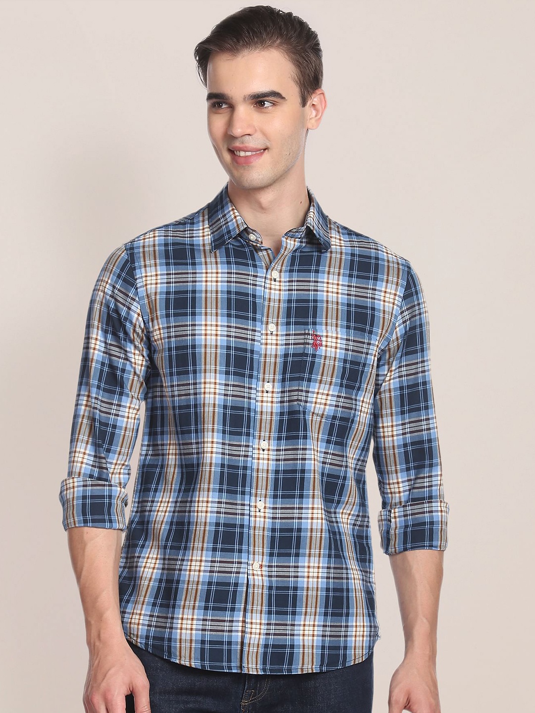 

U.S. Polo Assn. Tartan Checks Checked Twill Pure Cotton Casual Shirt, Blue