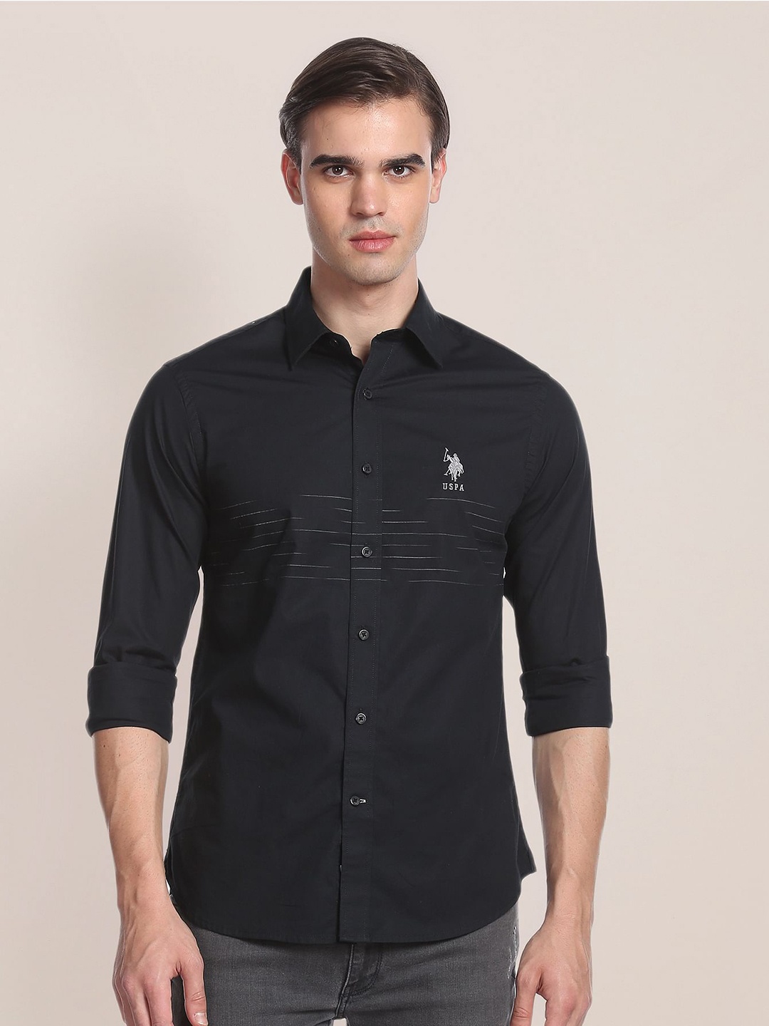 

U.S. Polo Assn. Horizontal Stripes Striped Pure Cotton Casual Shirt, Black