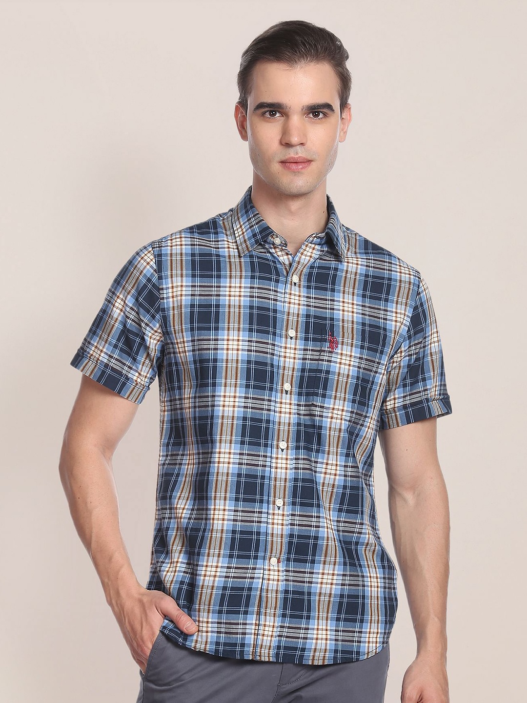 

U.S. Polo Assn. Tartan Checks Checked Twill Pure Cotton Casual Shirt, Blue