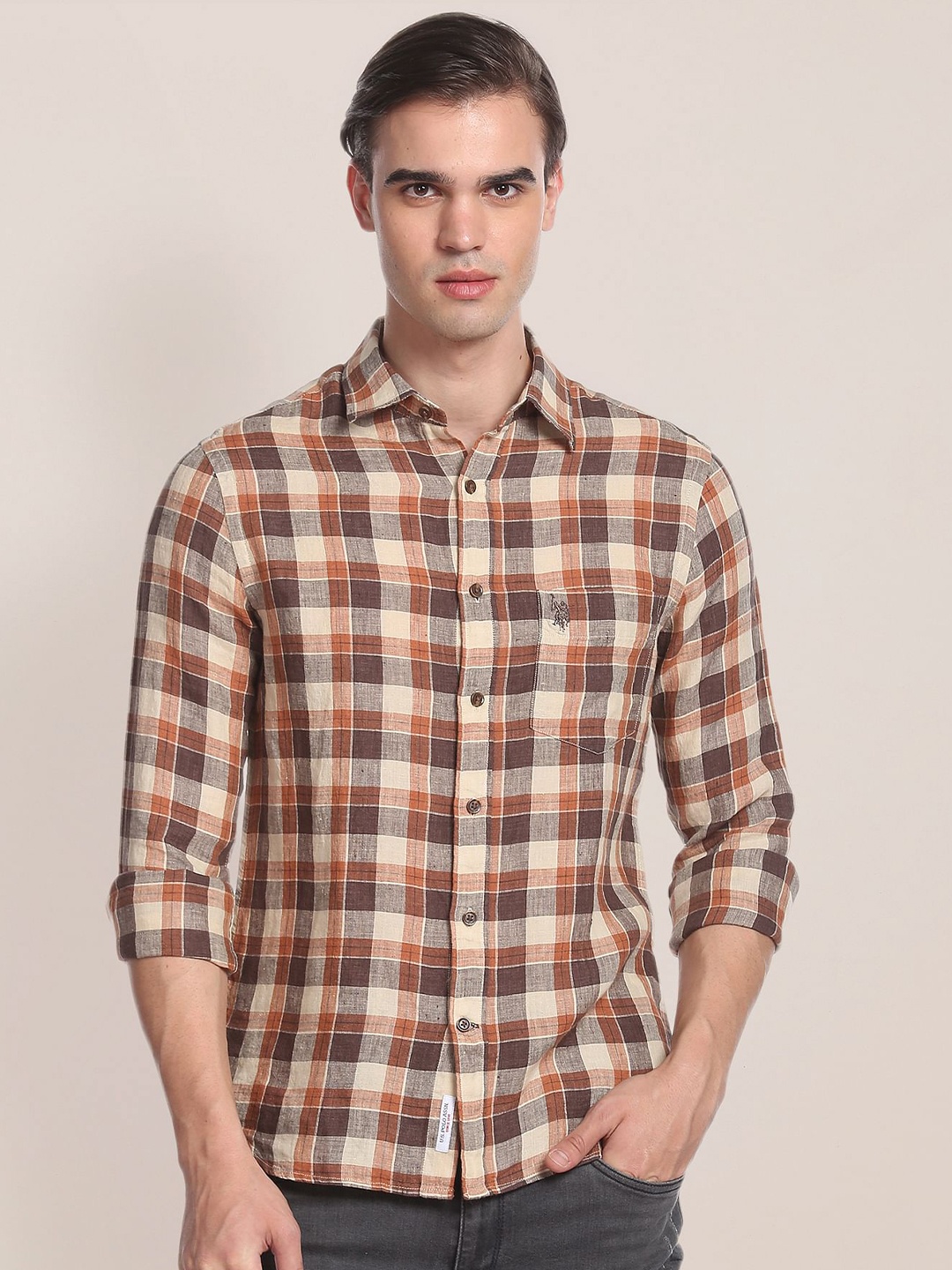 

U.S. Polo Assn. Tartan Checks Checked Linen Casual Shirt, Brown