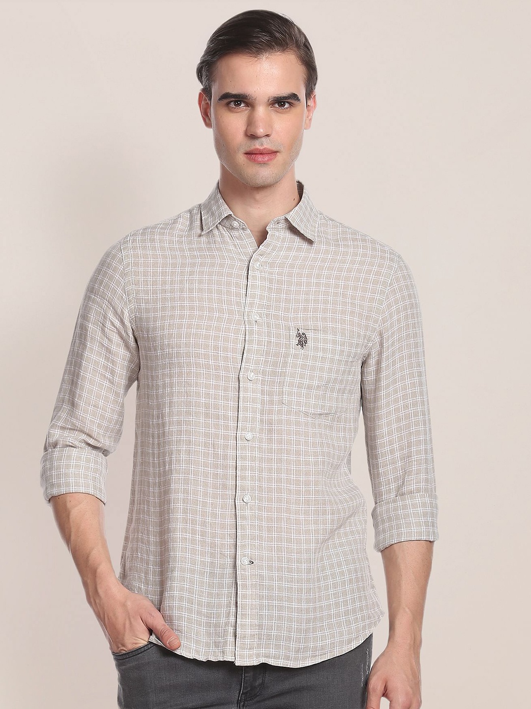 

U.S. Polo Assn. Checked Pure Linen Casual Shirt, Beige