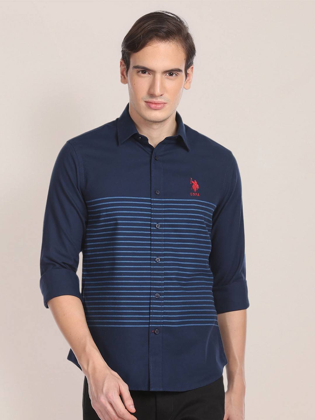 

U.S. Polo Assn. Horizontal Stripes Dobby Pure Cotton Casual Shirt, Navy blue