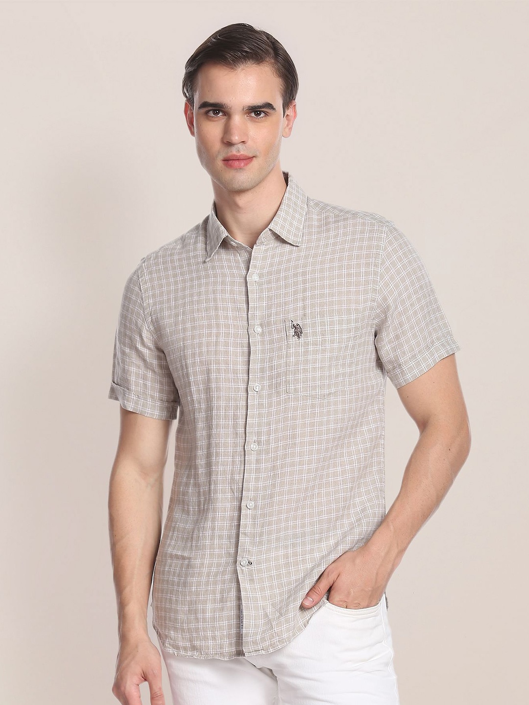 

U.S. Polo Assn. Checked Pure Linen Casual Shirt, Beige