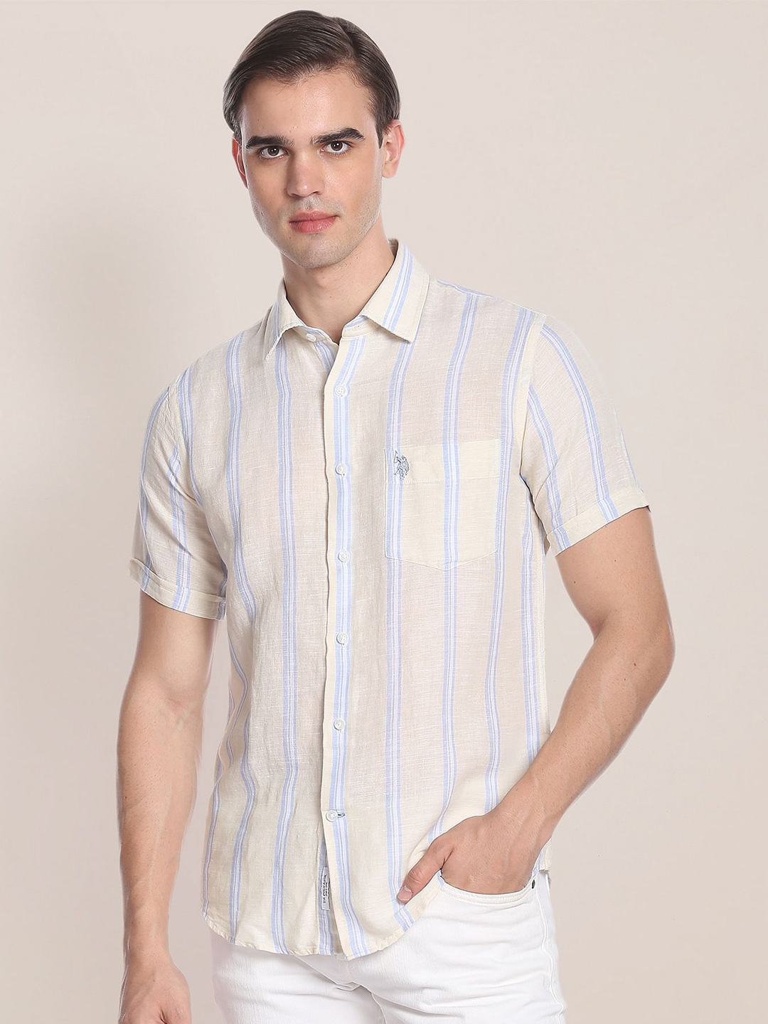 

U.S. Polo Assn. Striped Linen Cotton Casual Shirt, Yellow