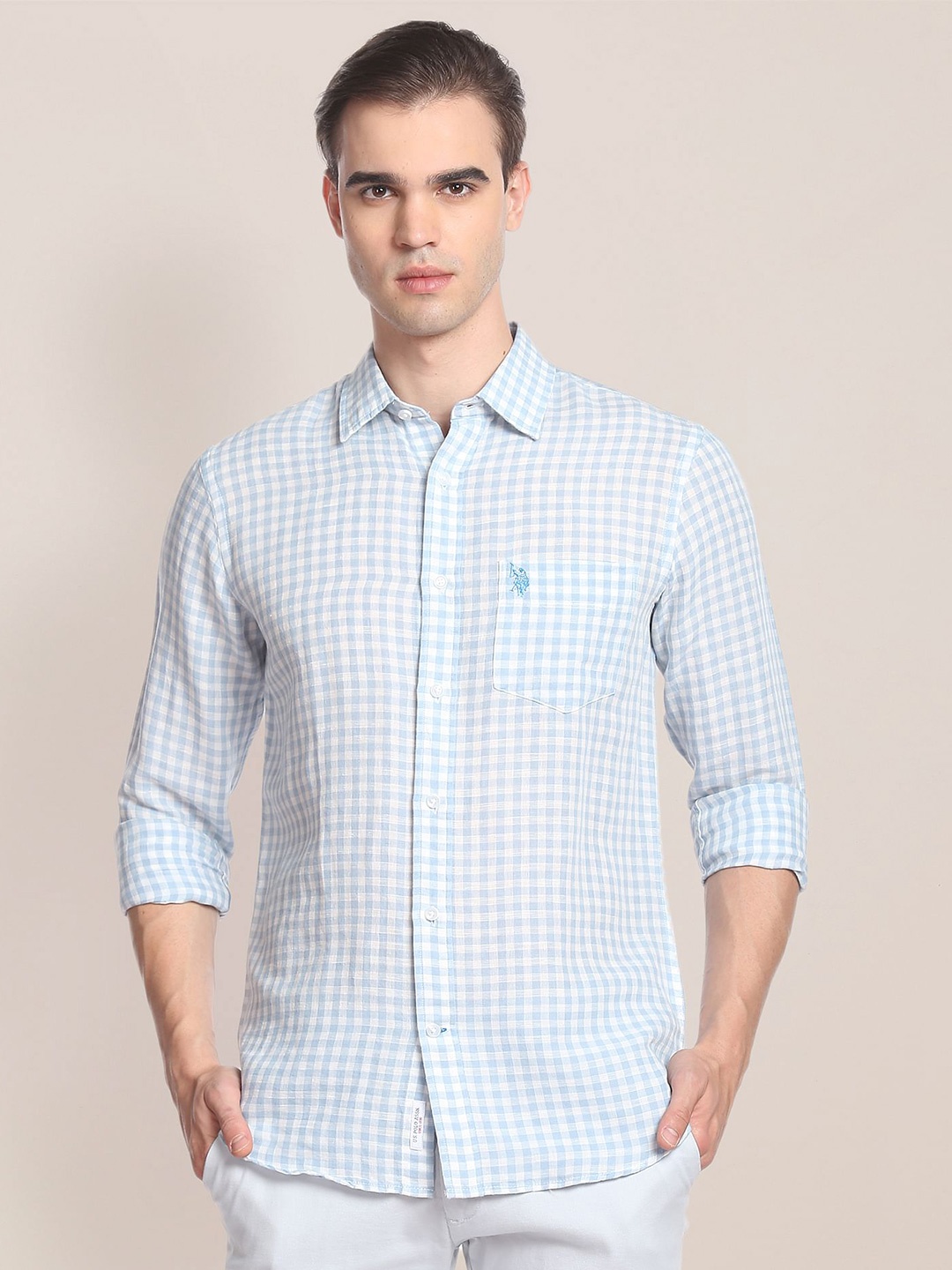 

U.S. Polo Assn. Checked Linen Cotton Casual Shirt, Blue