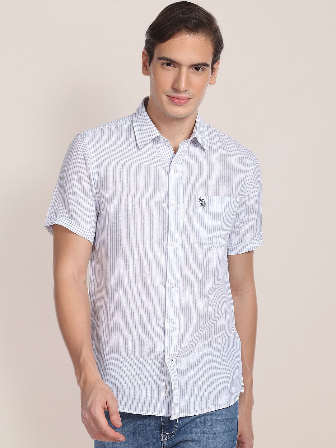 

U.S. Polo Assn. Striped Linen Cotton Casual Shirt, White