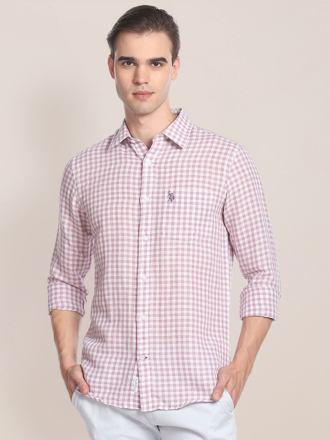 

U.S. Polo Assn. Gingham Checks Linen Cotton Casual Shirt, Purple