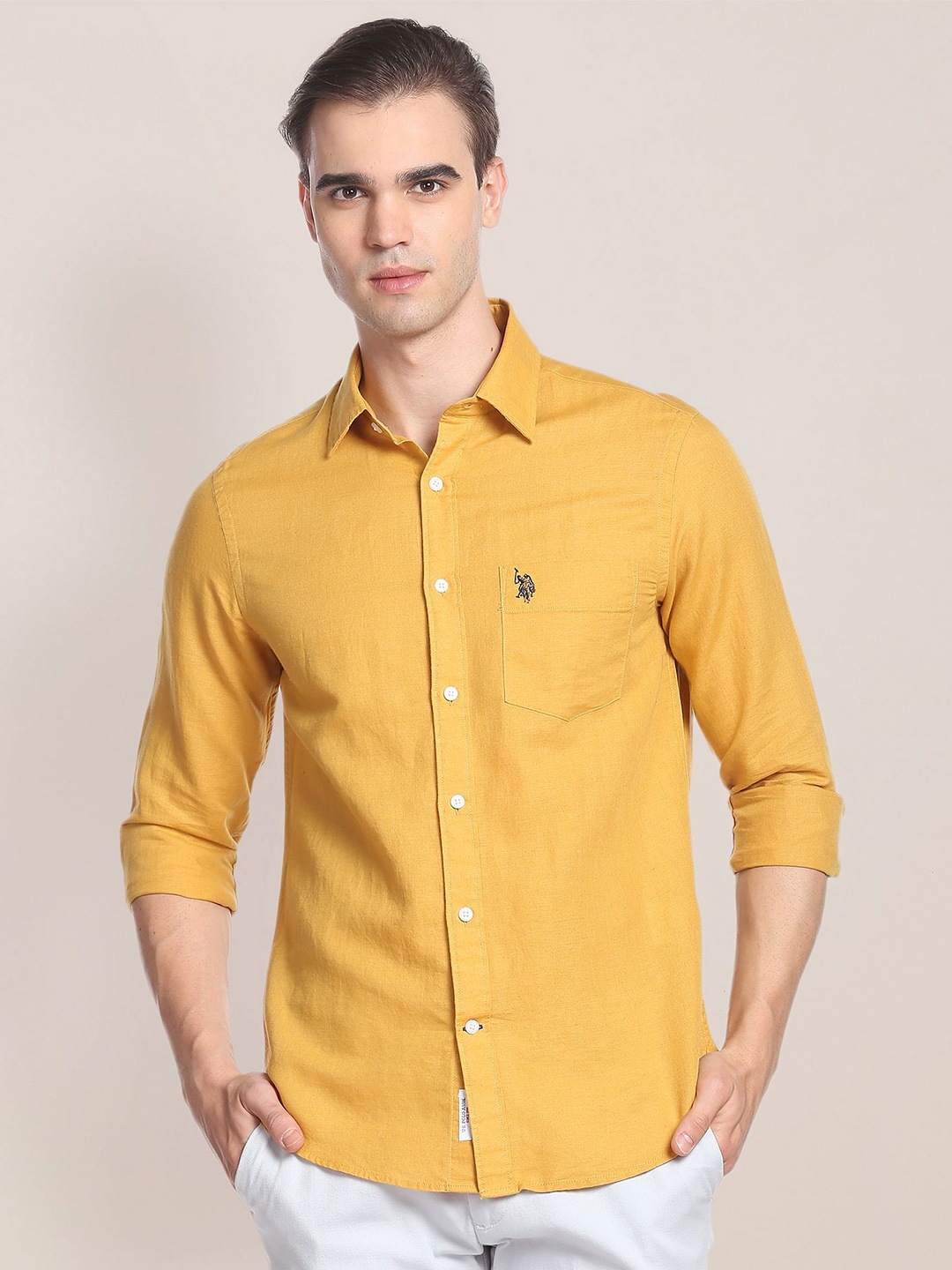 

U.S. Polo Assn. Spread Collar Linen Cotton Casual Shirt, Yellow