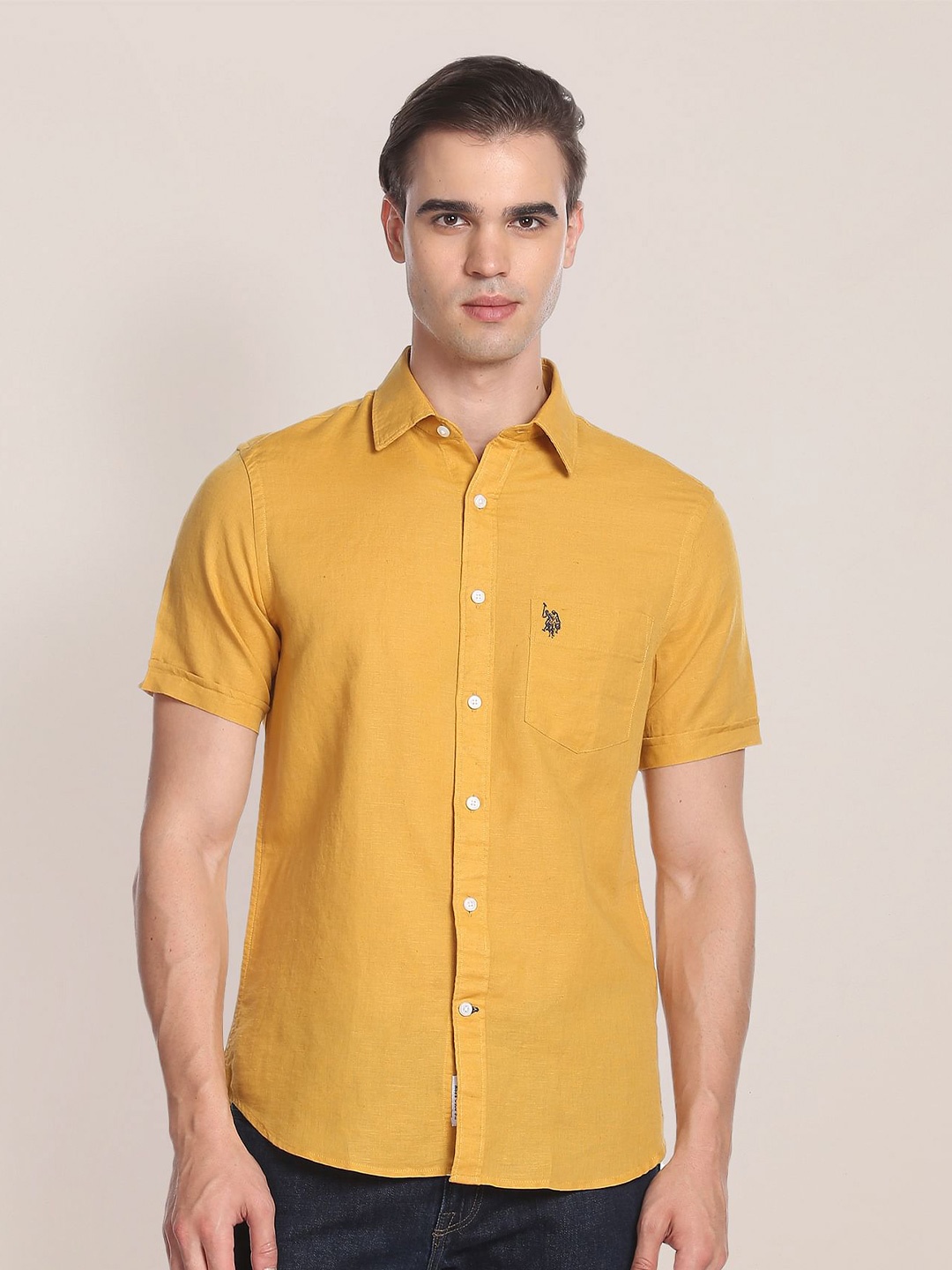 

U.S. Polo Assn. Spread Collar Linen Cotton Casual Shirt, Yellow