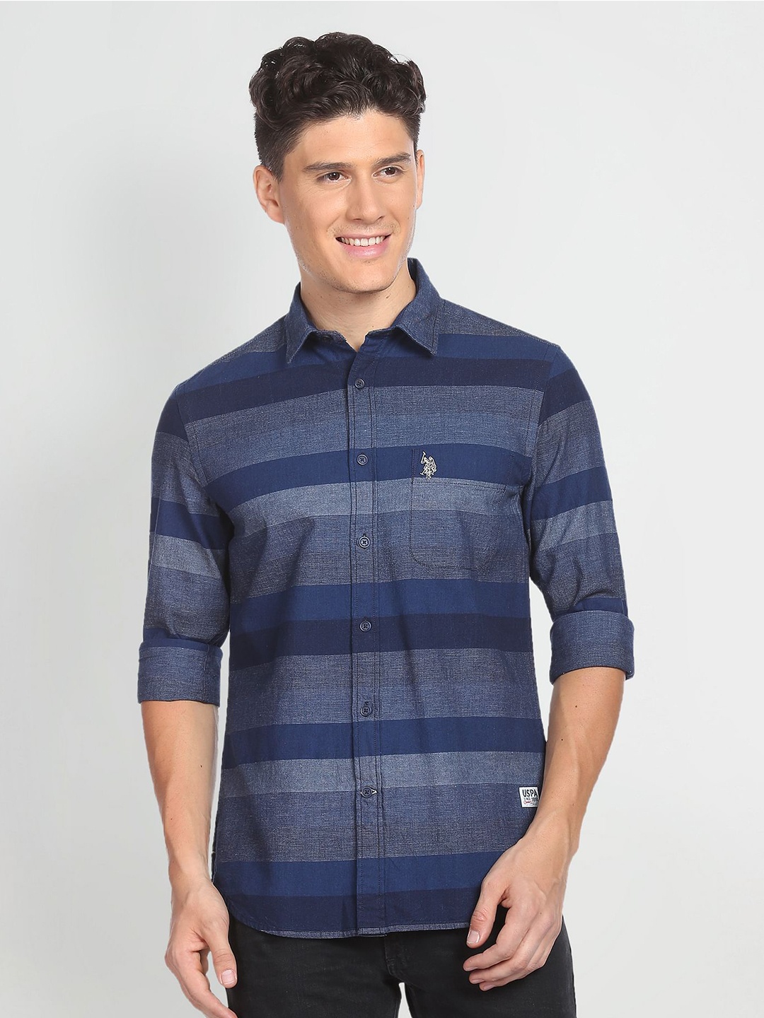 

U.S. Polo Assn. Denim Co. Men Pure Cotton Horizontal Striped Casual Shirt, Blue