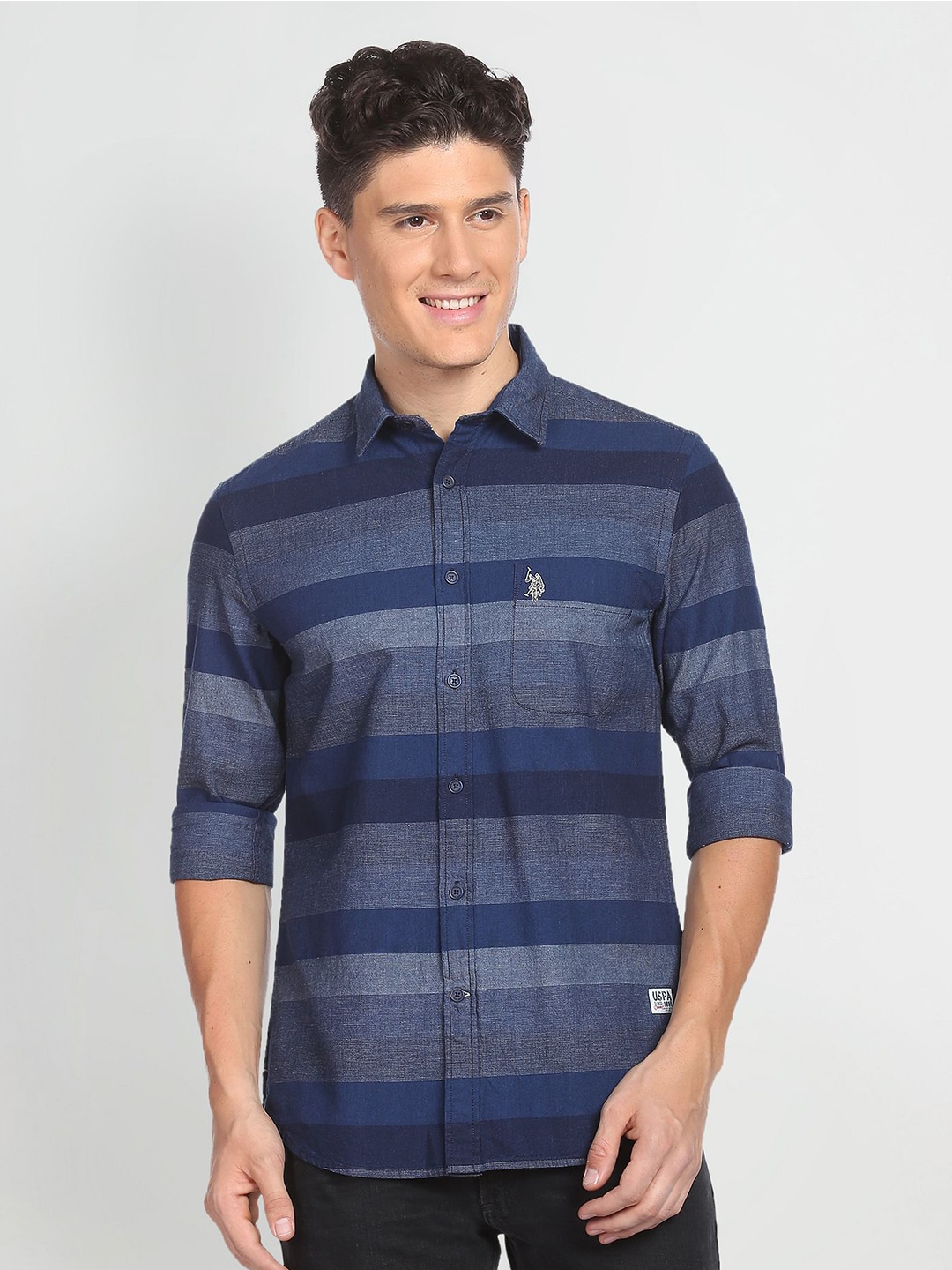 

U.S. Polo Assn. Denim Co. Spread Collar Horizontal Striped Casual Shirt, Blue