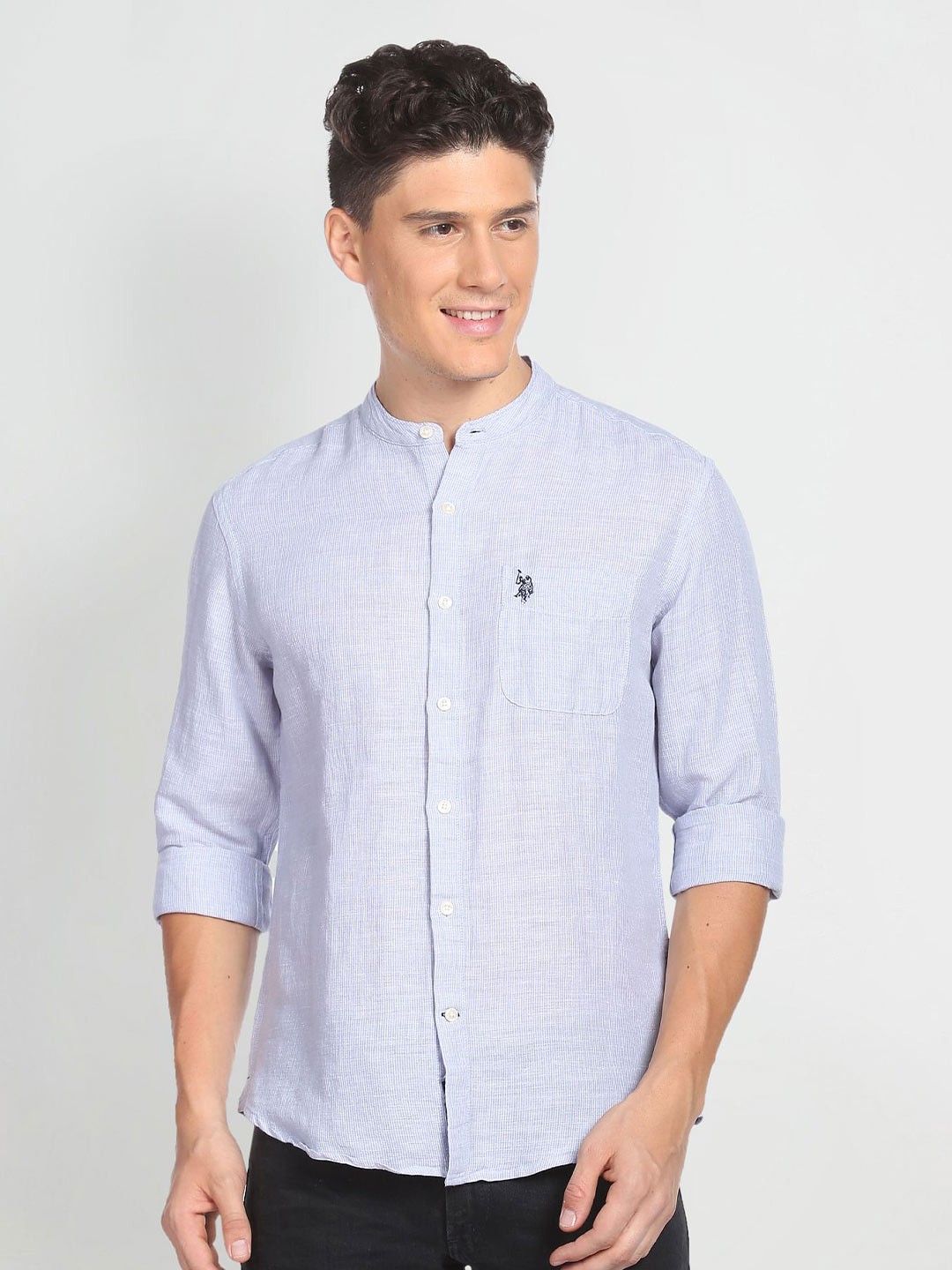 

U.S. Polo Assn. Denim Co. Spread Collar Pinstripes Opaque Striped Casual Shirt, Blue