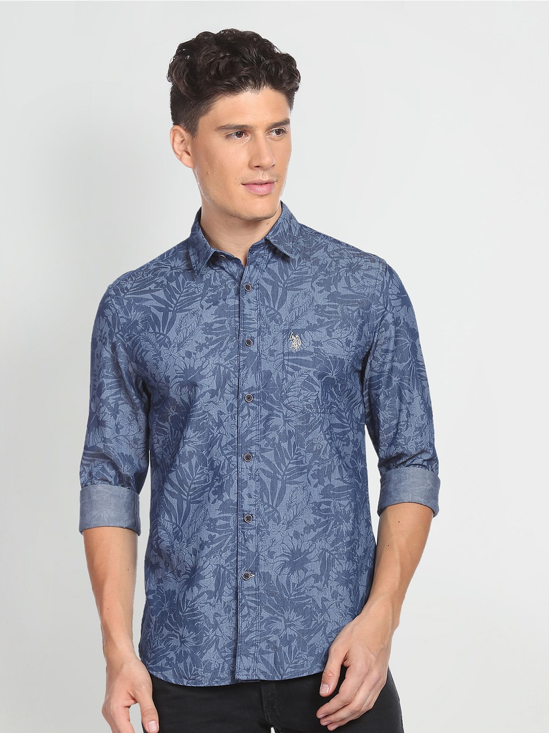 

U.S. Polo Assn. Denim Co. Spread Collar Oxford Floral Opaque Printed Casual Shirt, Blue