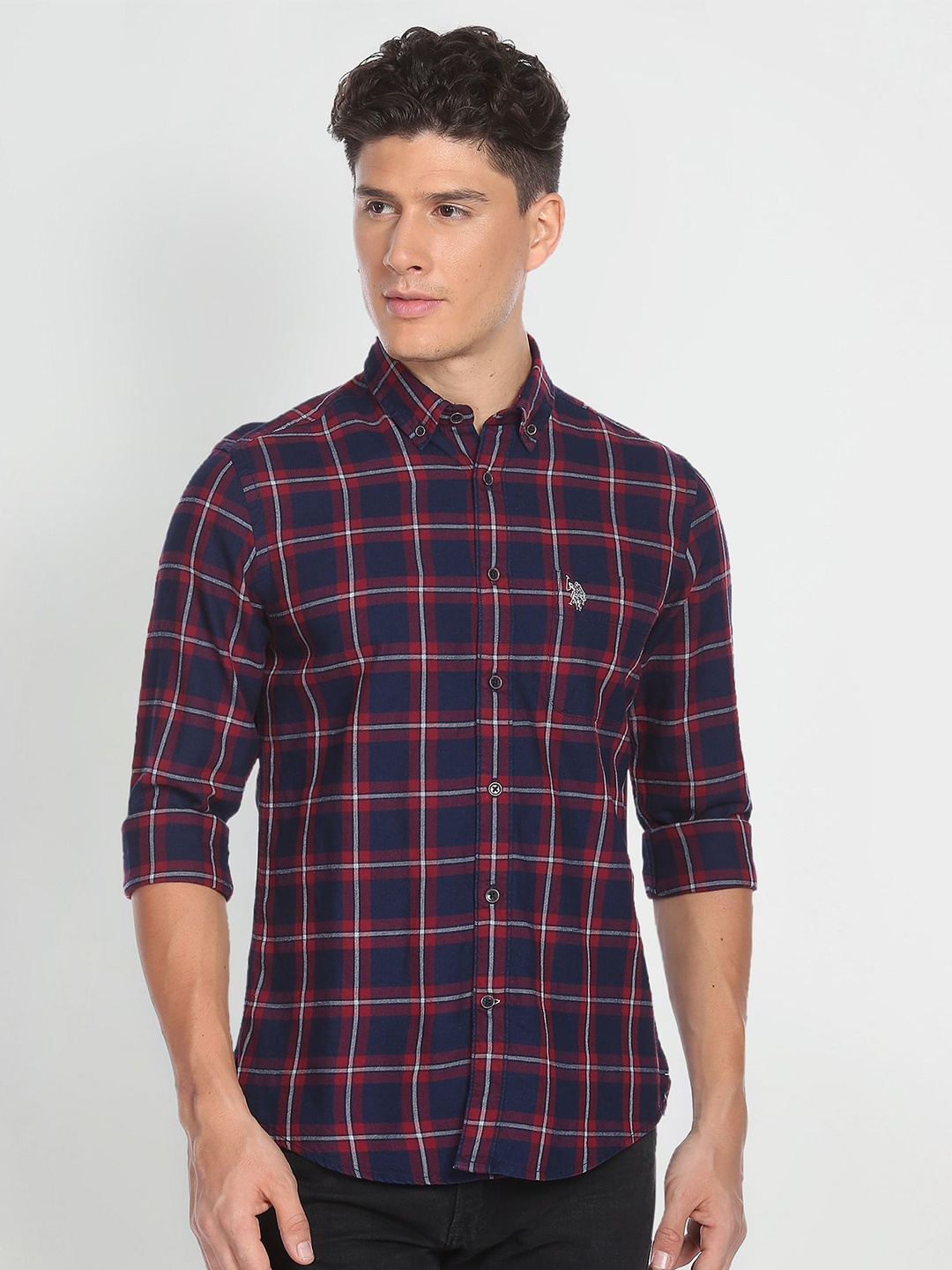 

U.S. Polo Assn. Denim Co. Men Windowpane Checked Twill Casual Shirt, Navy blue