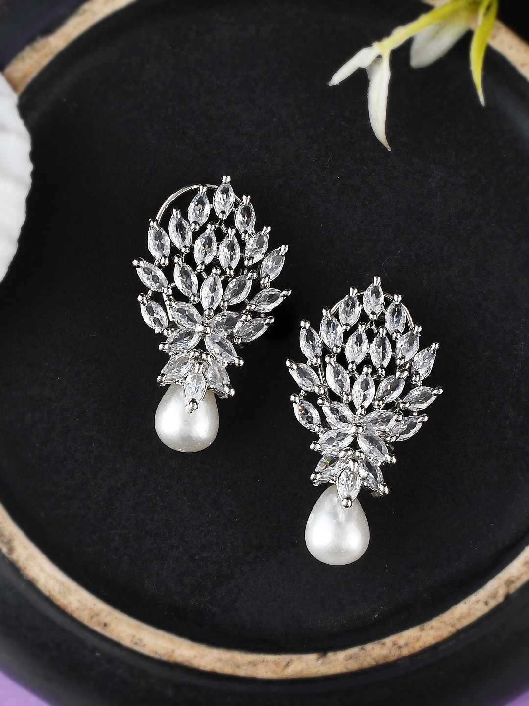 

Silvermerc Designs Silver-Plated Contemporary American Diamond Studded Drop Earrings, White