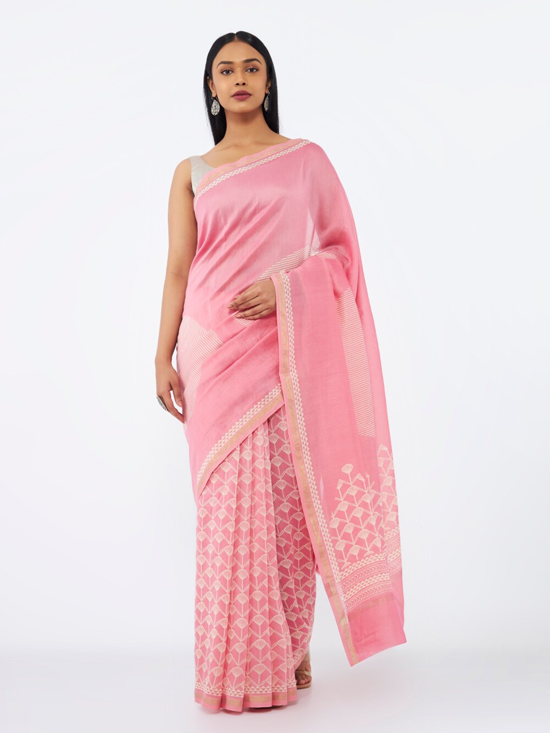 

Taneira Floral Printed Zari Silk Cotton Saree, Pink