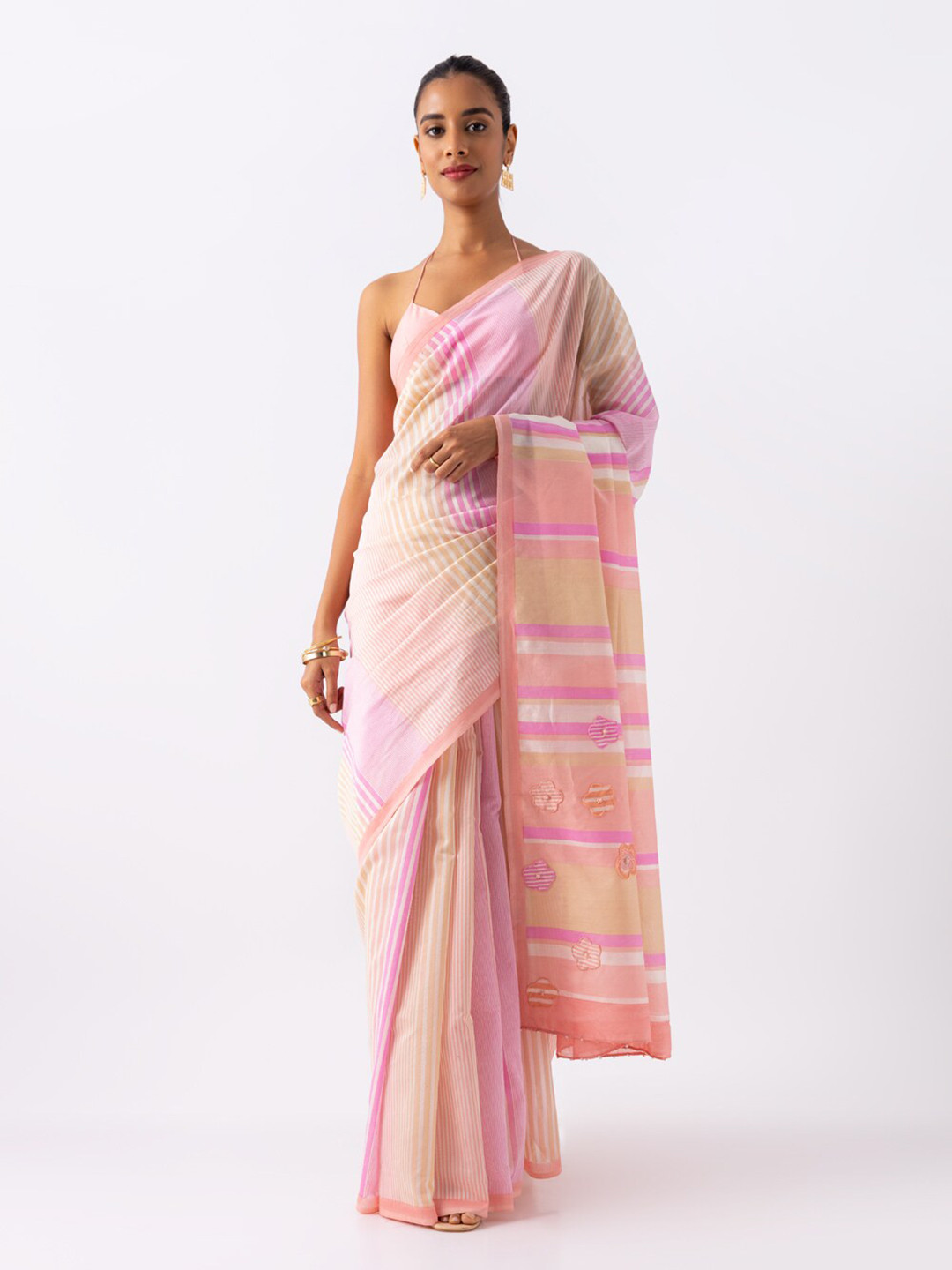 

Taneira Striped Silk Cotton Saree, Pink