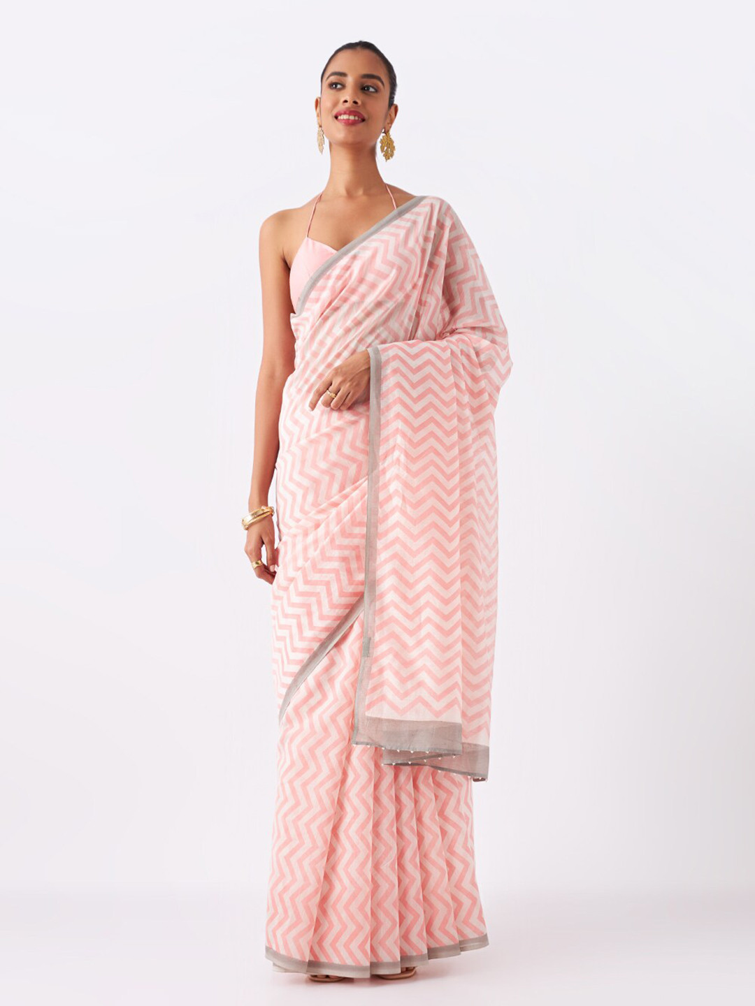 

Taneira Chevron Printed Silk Cotton Saree, Pink