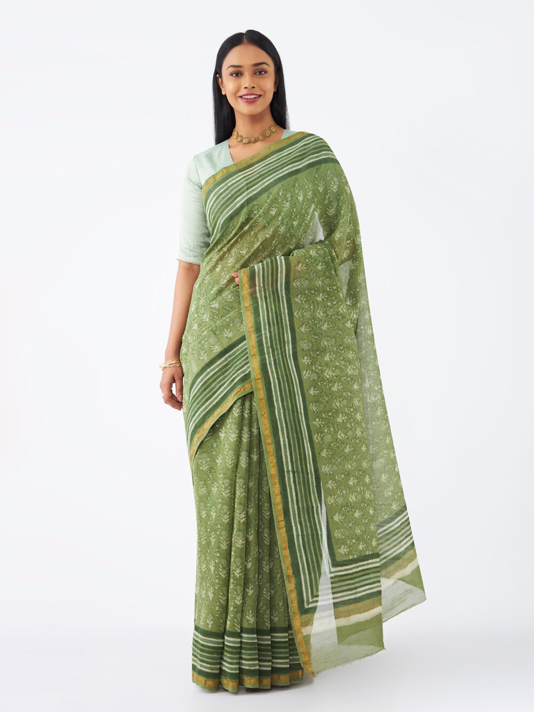 

Taneira Ethnic Motifs Printed Zari Silk Cotton Bagru Saree, Green