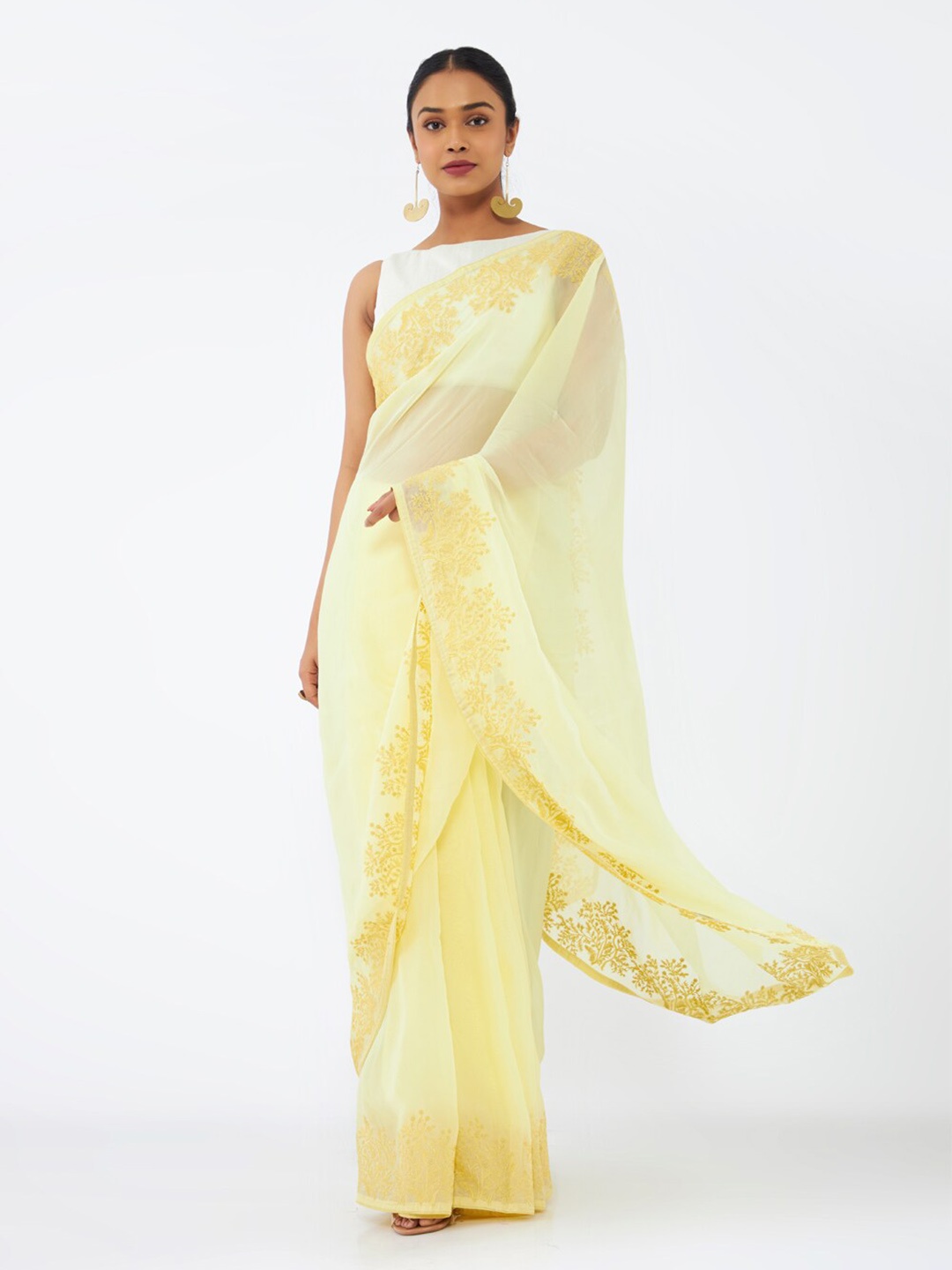 

Taneira Floral Embroidered Organza Saree, Yellow