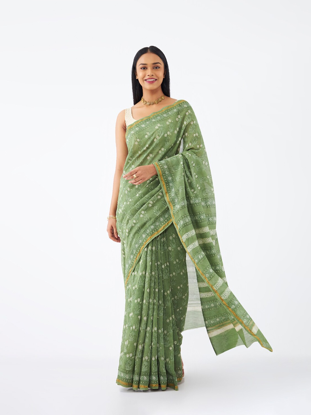 

Taneira Floral Printed Zari Silk Cotton Bagru Saree, Green