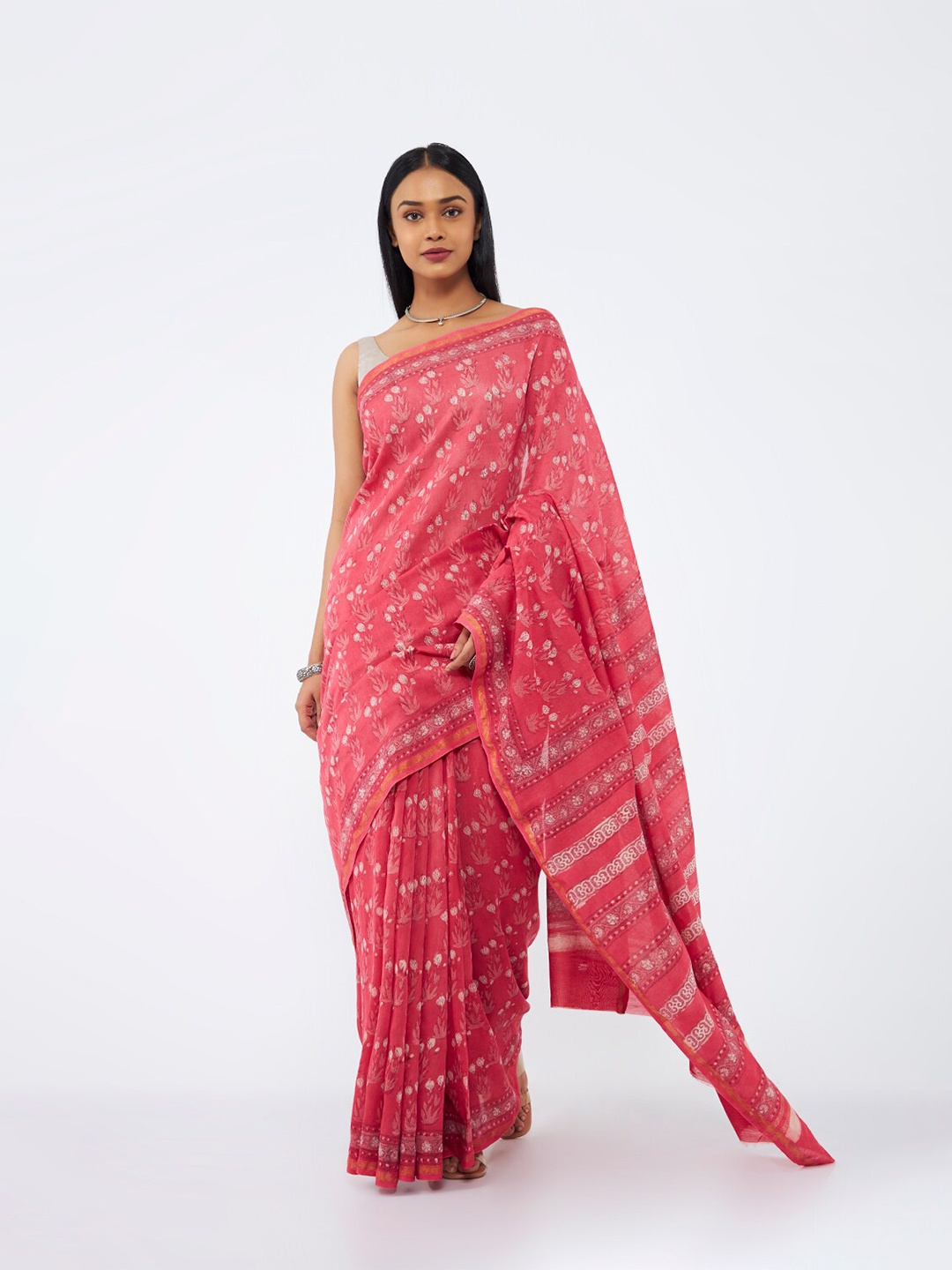 

Taneira Floral Printed Zari Silk Cotton Bagru Saree, Pink