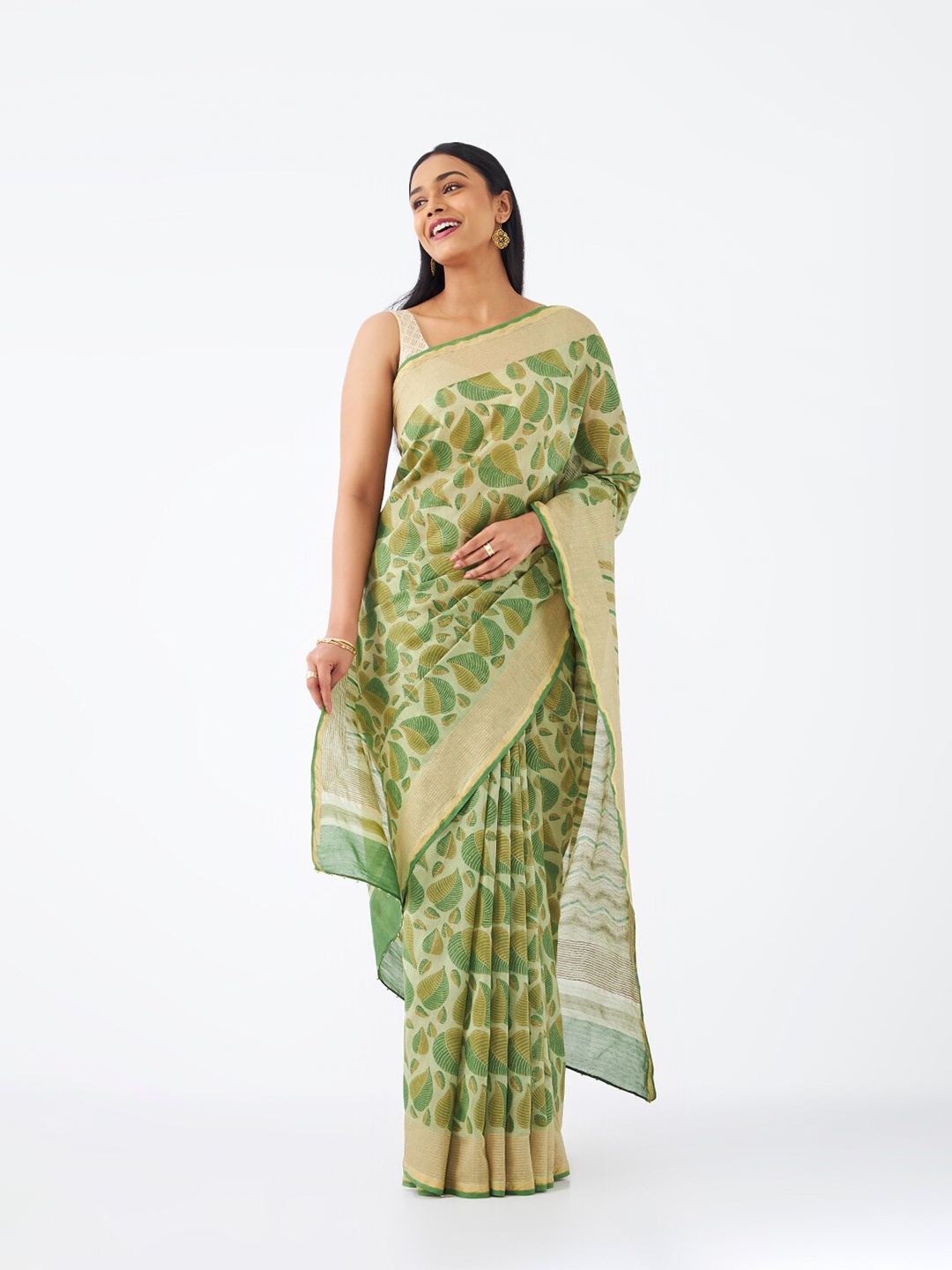 

Taneira Ethnic Motifs Printed Zari Pure Silk Saree, Green