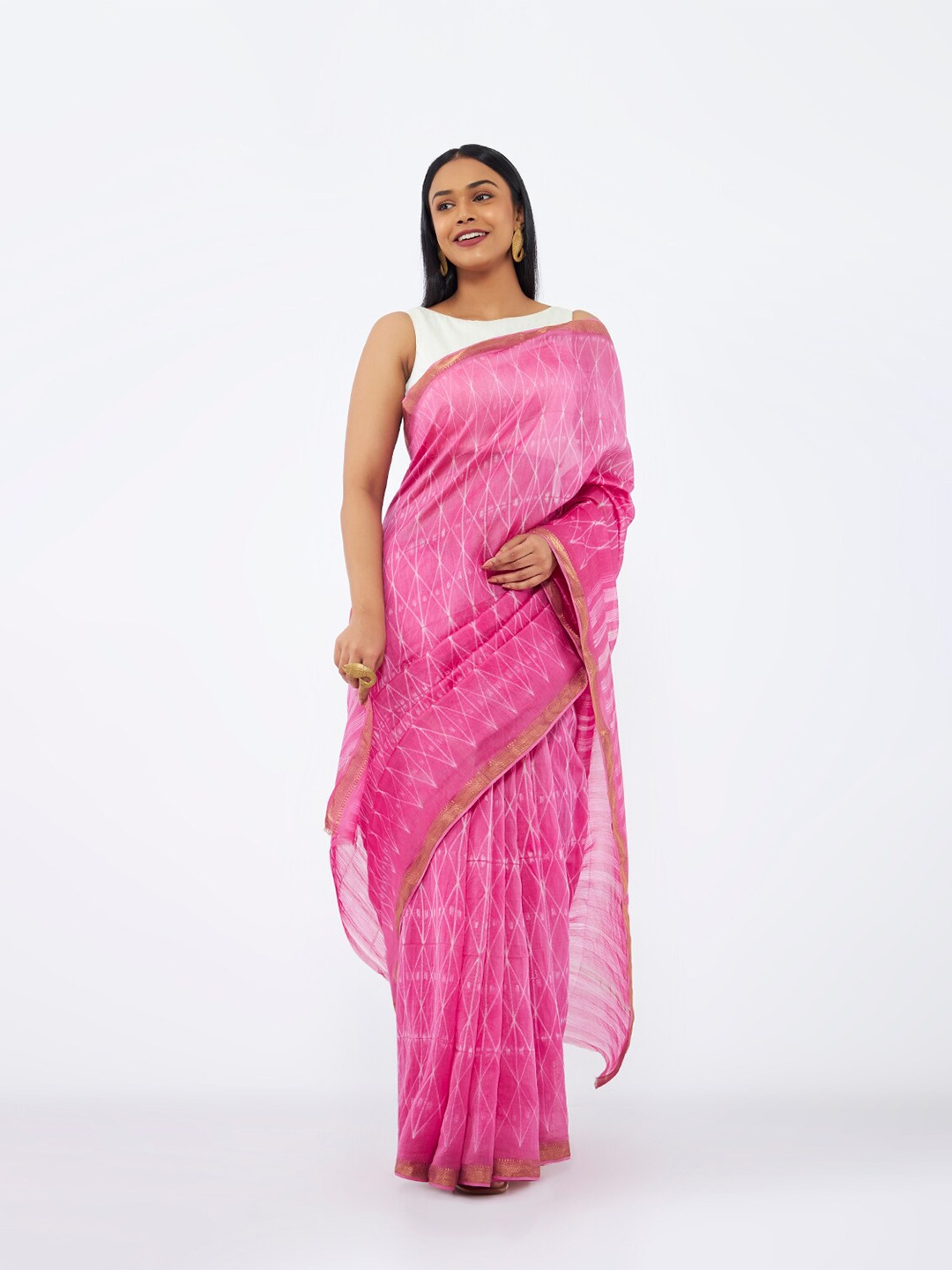 

Taneira Geometric Printed Zari Silk Cotton Saree, Pink