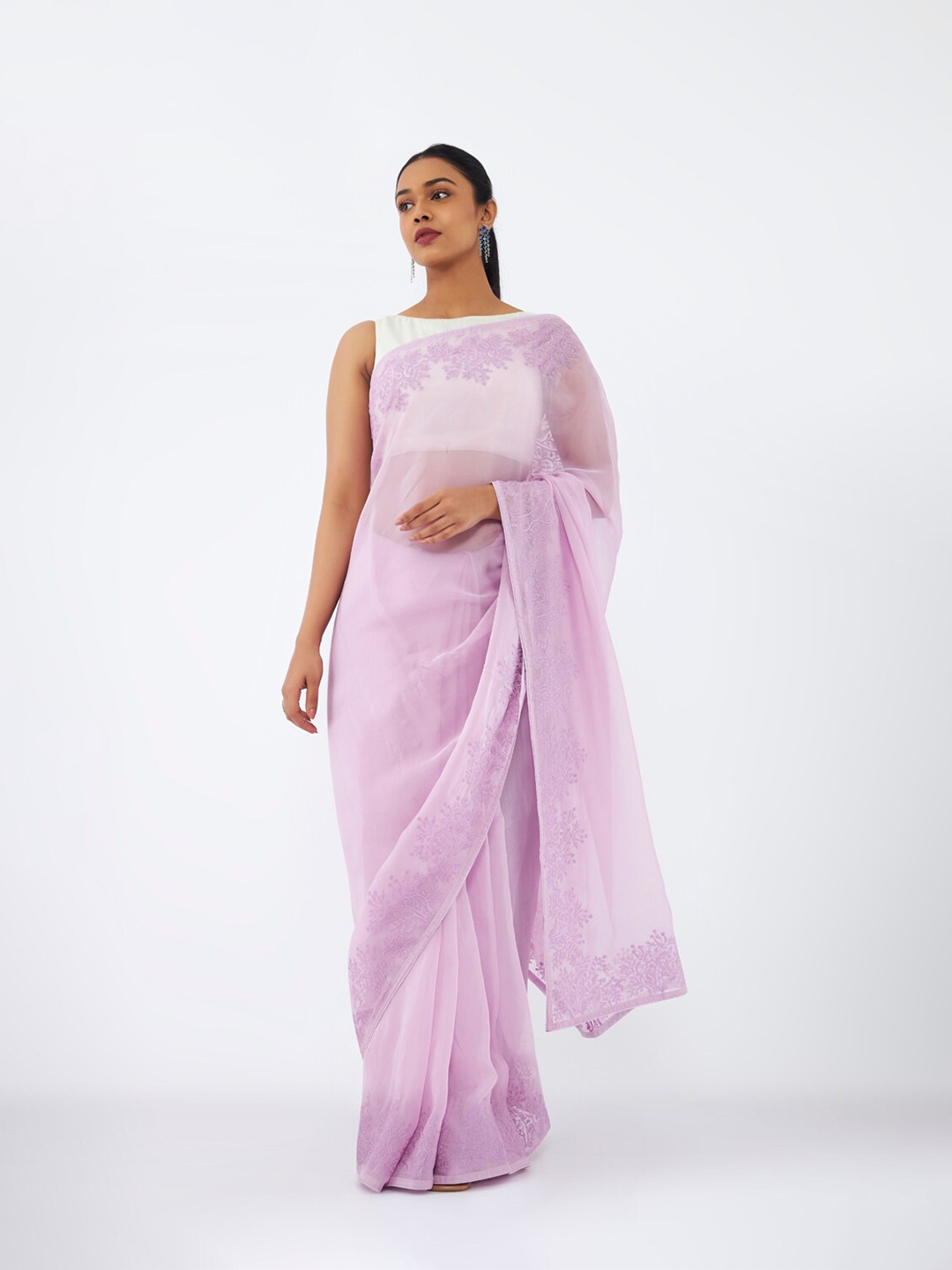 

Taneira Floral Embroidered Organza Saree, Violet
