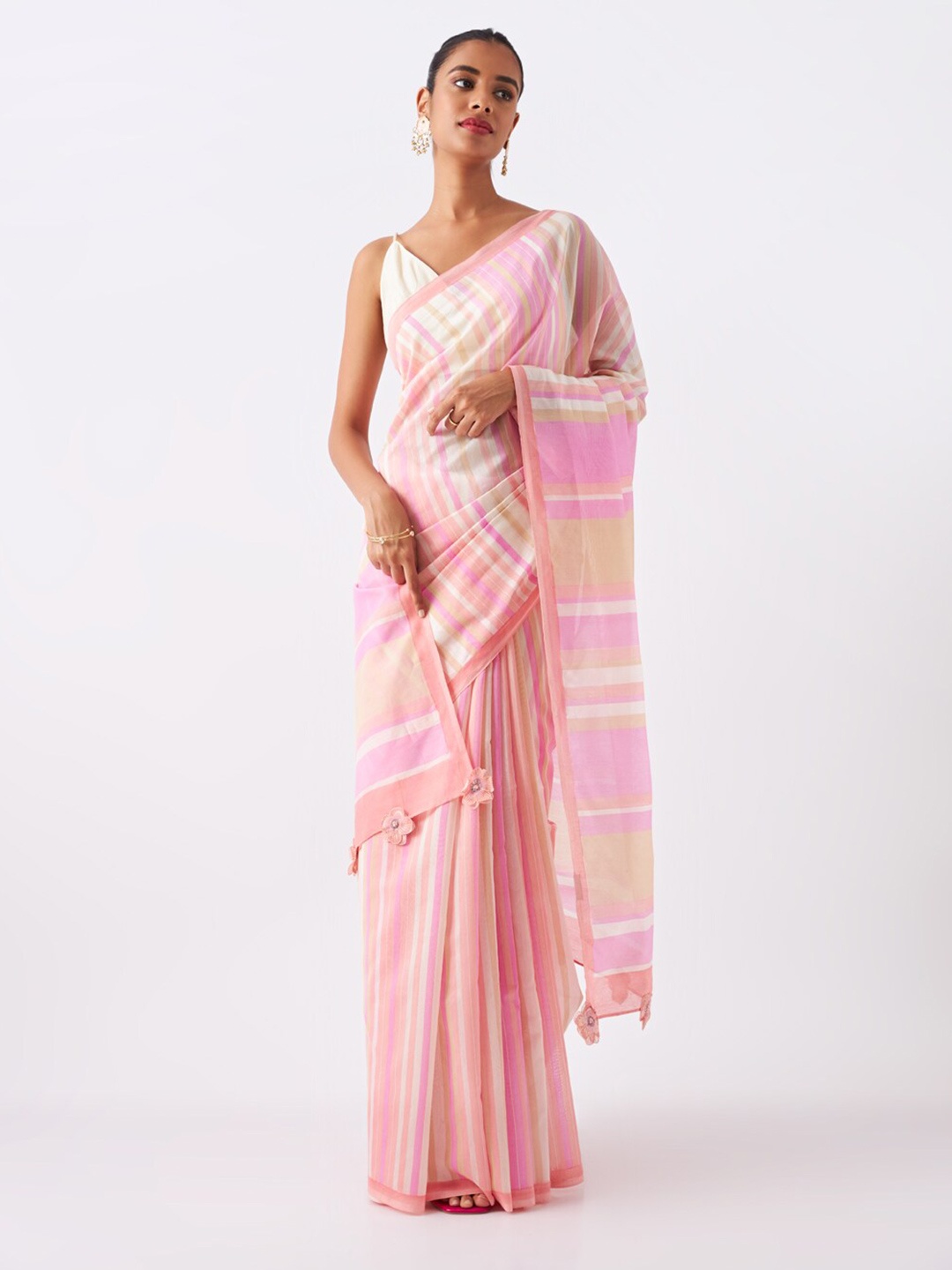 

Taneira Striped Silk Cotton Saree, Pink