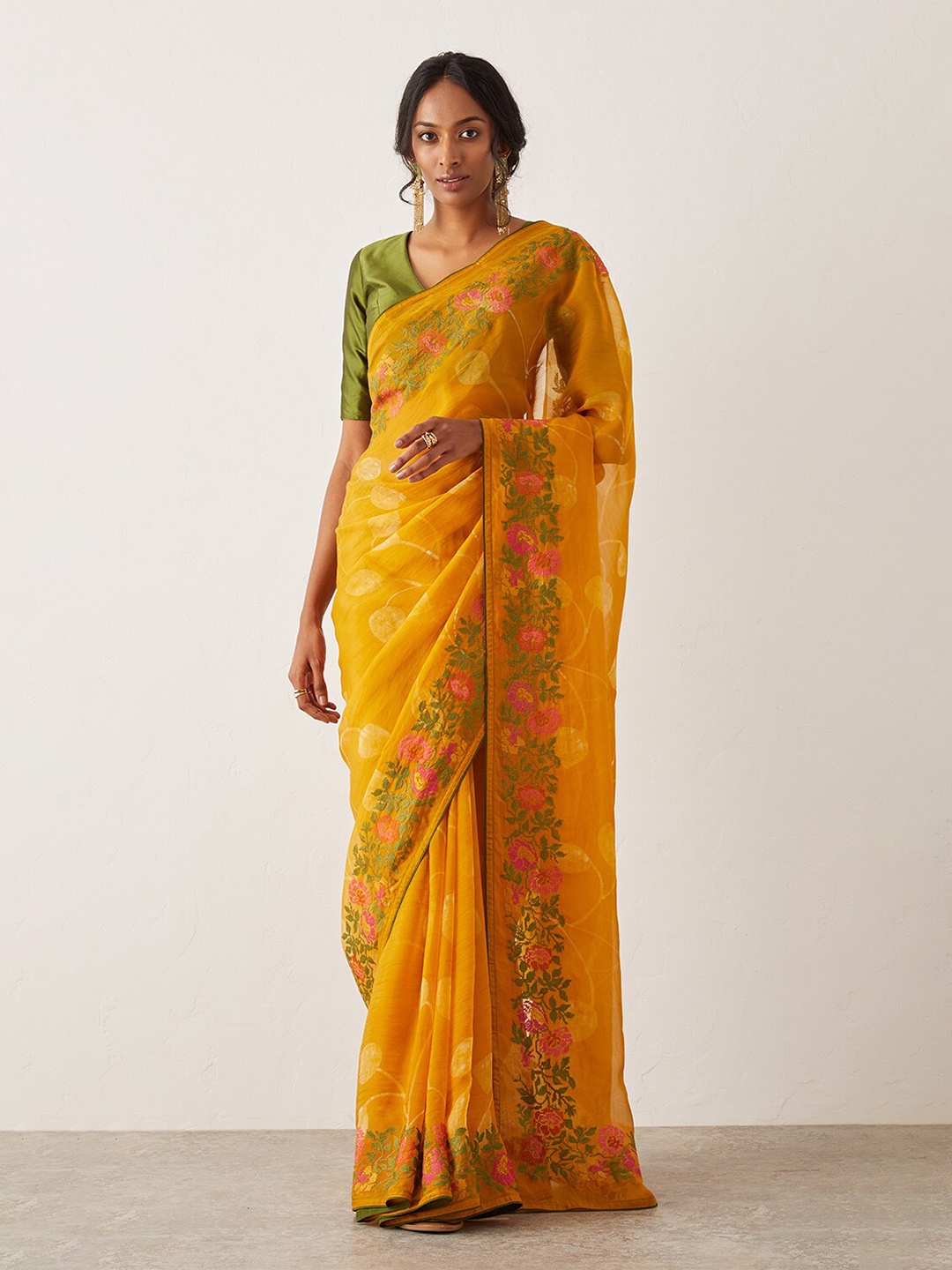 

Taneira Floral Embroidered Saree, Yellow