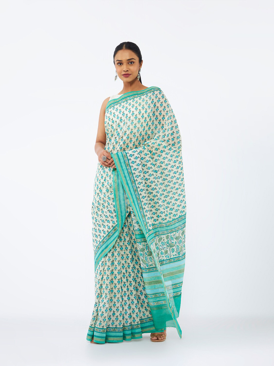 

Taneira Ethnic Motifs Printed Zari Pure Silk Saree, Turquoise blue