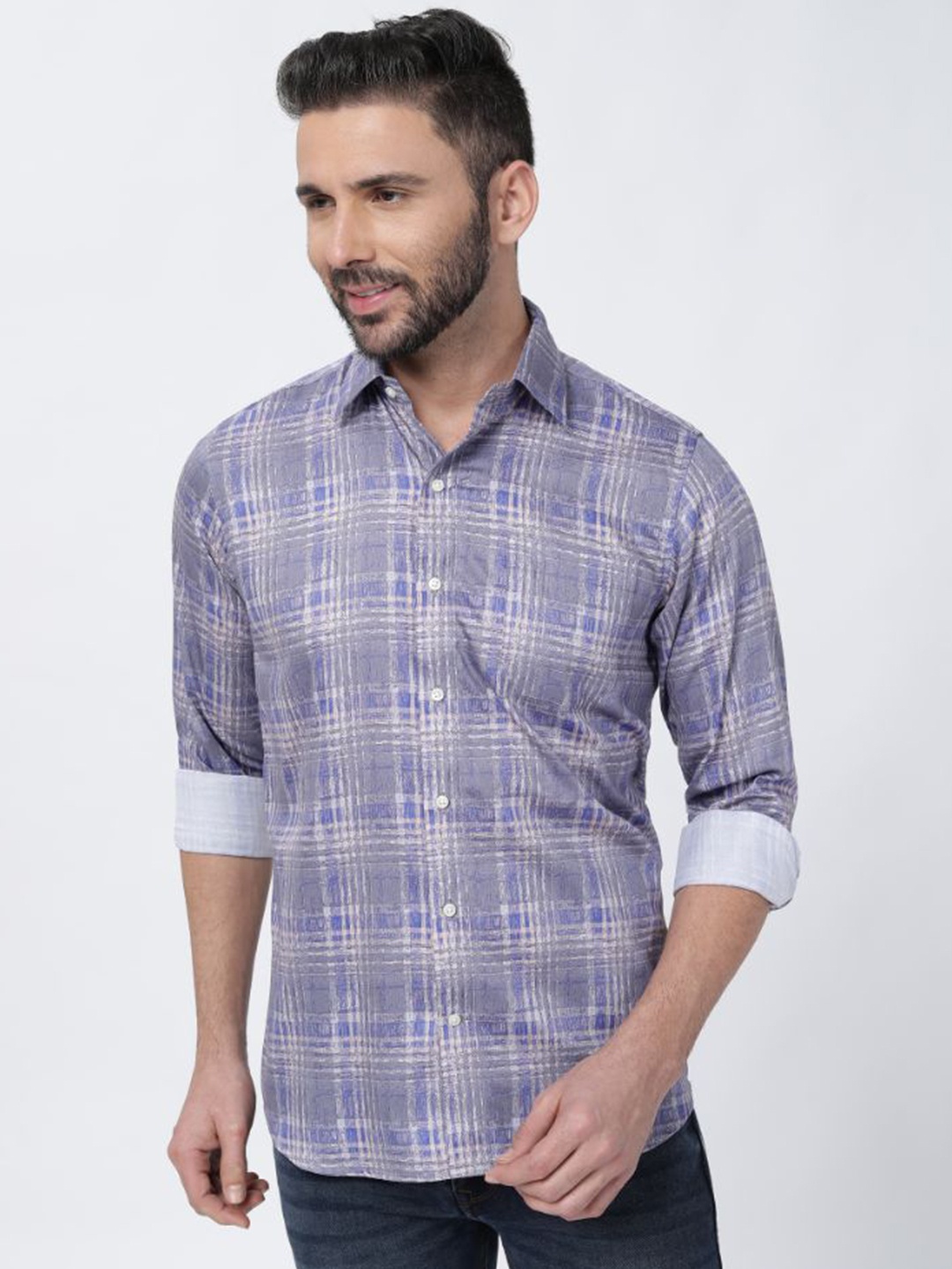 

FRENCH CROWN Other Checks Standard-Fit Twill Cotton Casual Shirt, Grey