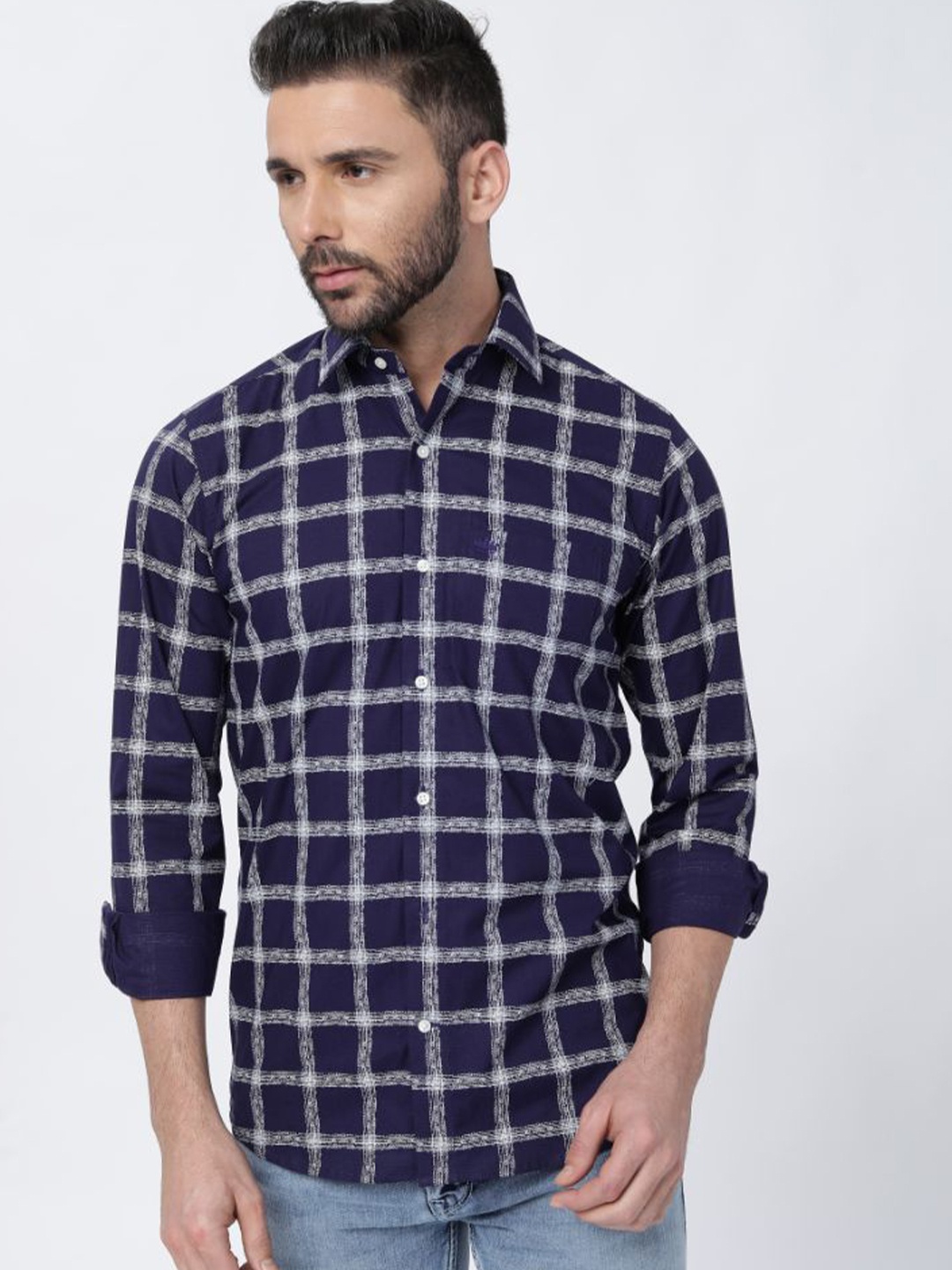 

FRENCH CROWN Checked Cotton Casual Shirt, Navy blue