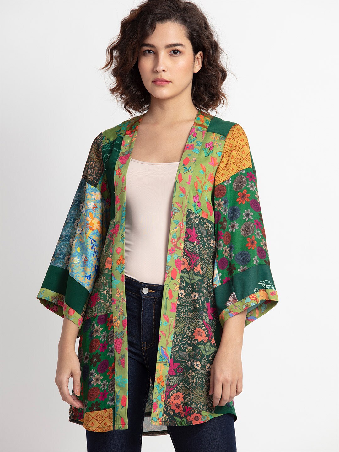 

SHAYE Floral Printed Longline Open Front Shrug, Green