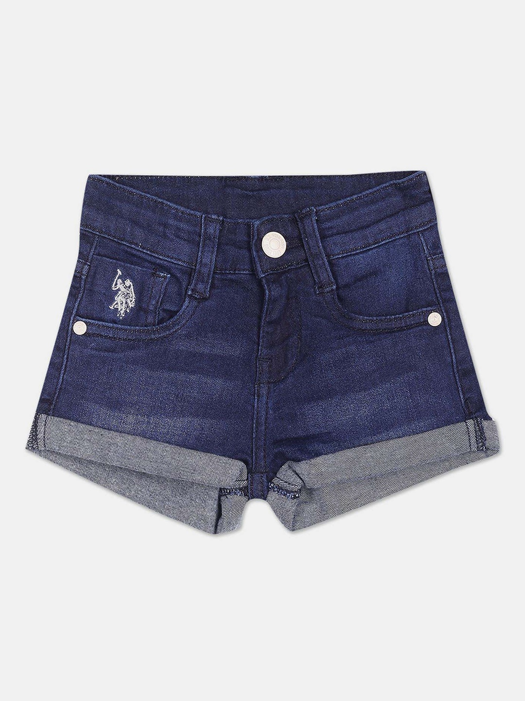 

U.S. Polo Assn. Kids Girls Washed Mid Rise Cotton Denim Shorts, Blue