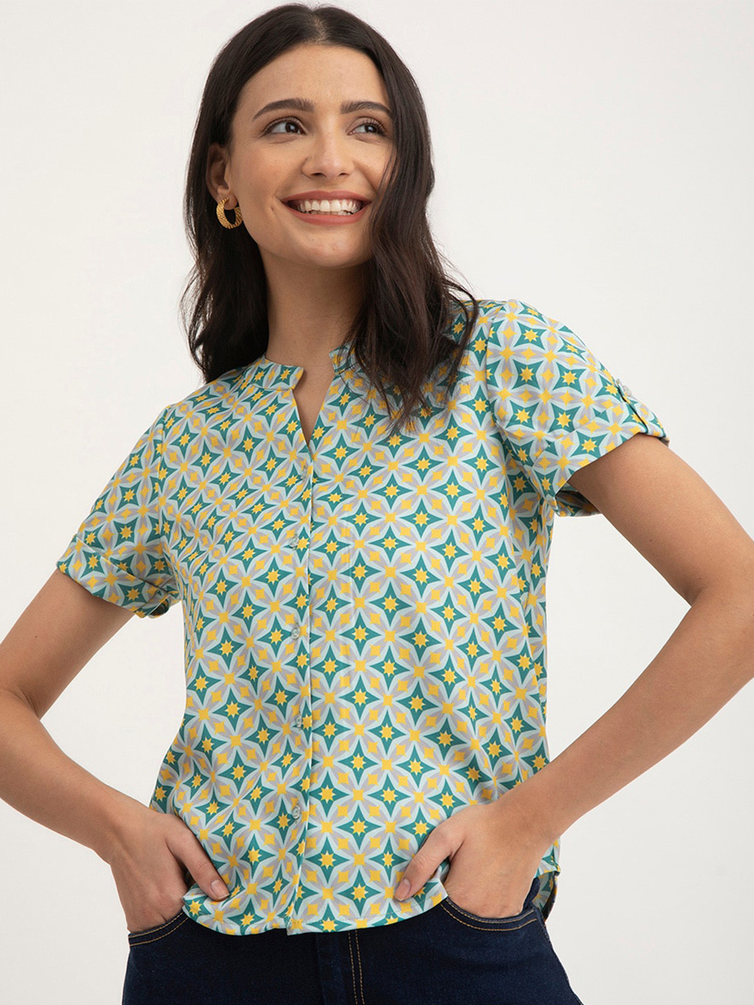 

FableStreet Geometric Print Mandarin Collar Shirt Style Top, Grey