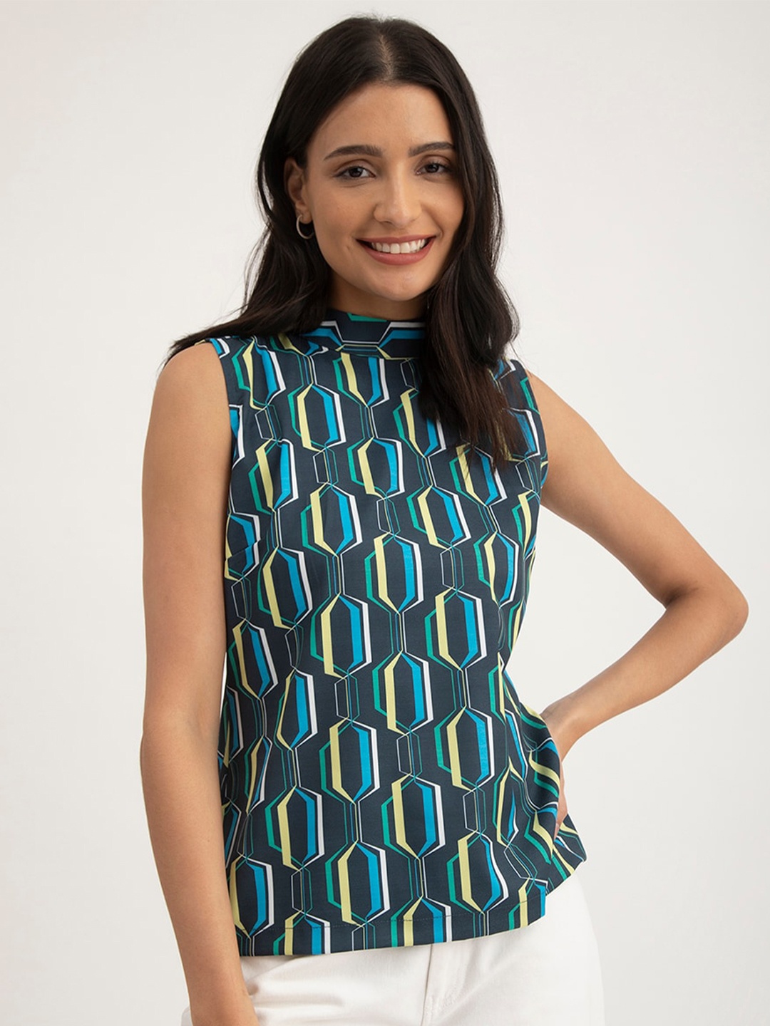 

FableStreet Geometric Printed High Neck Sleeveless Top, Navy blue