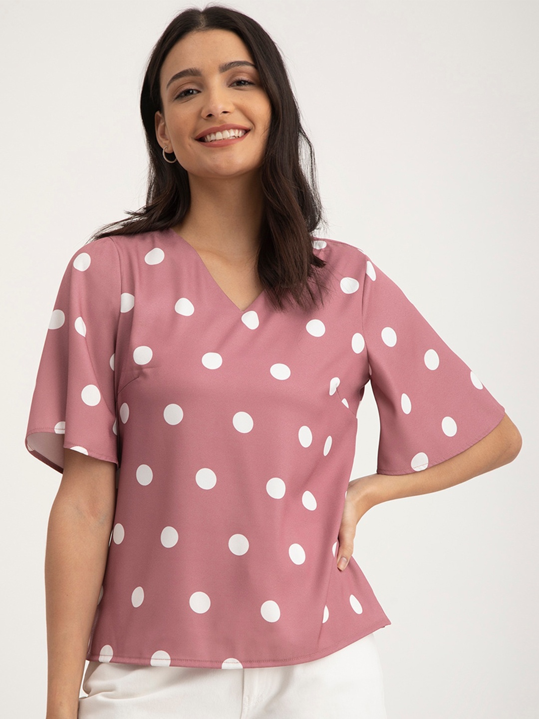 

FableStreet Polka Dot Printed V-Neck Flared Sleeves Top, Pink