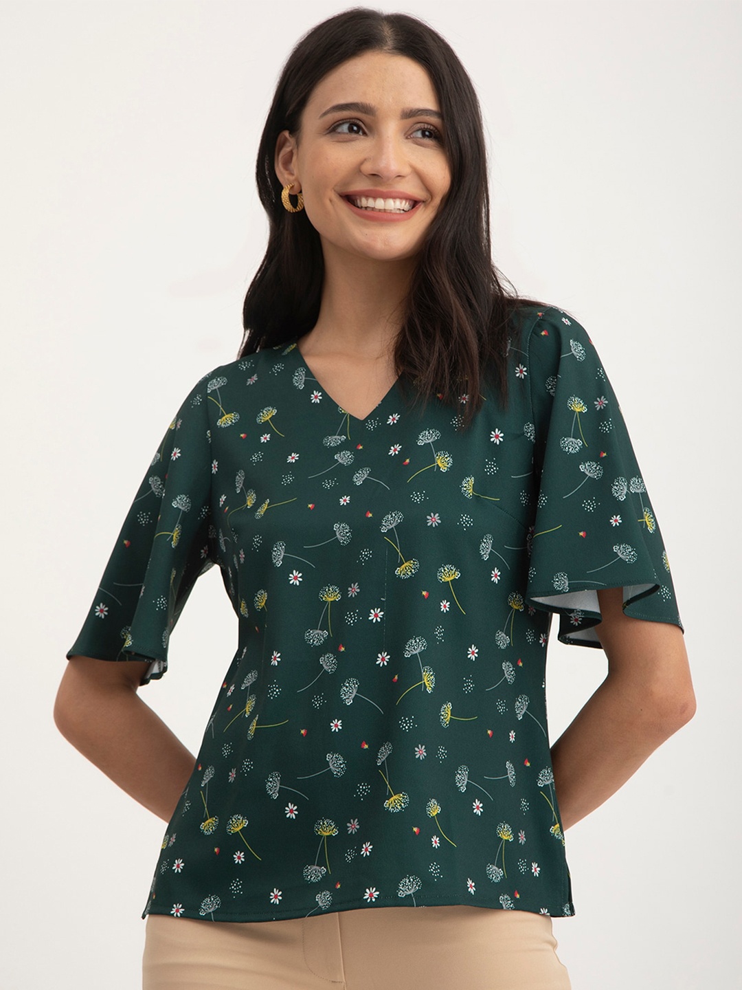 

FableStreet Floral Printed V-Neck Flared Sleeve Top, Green