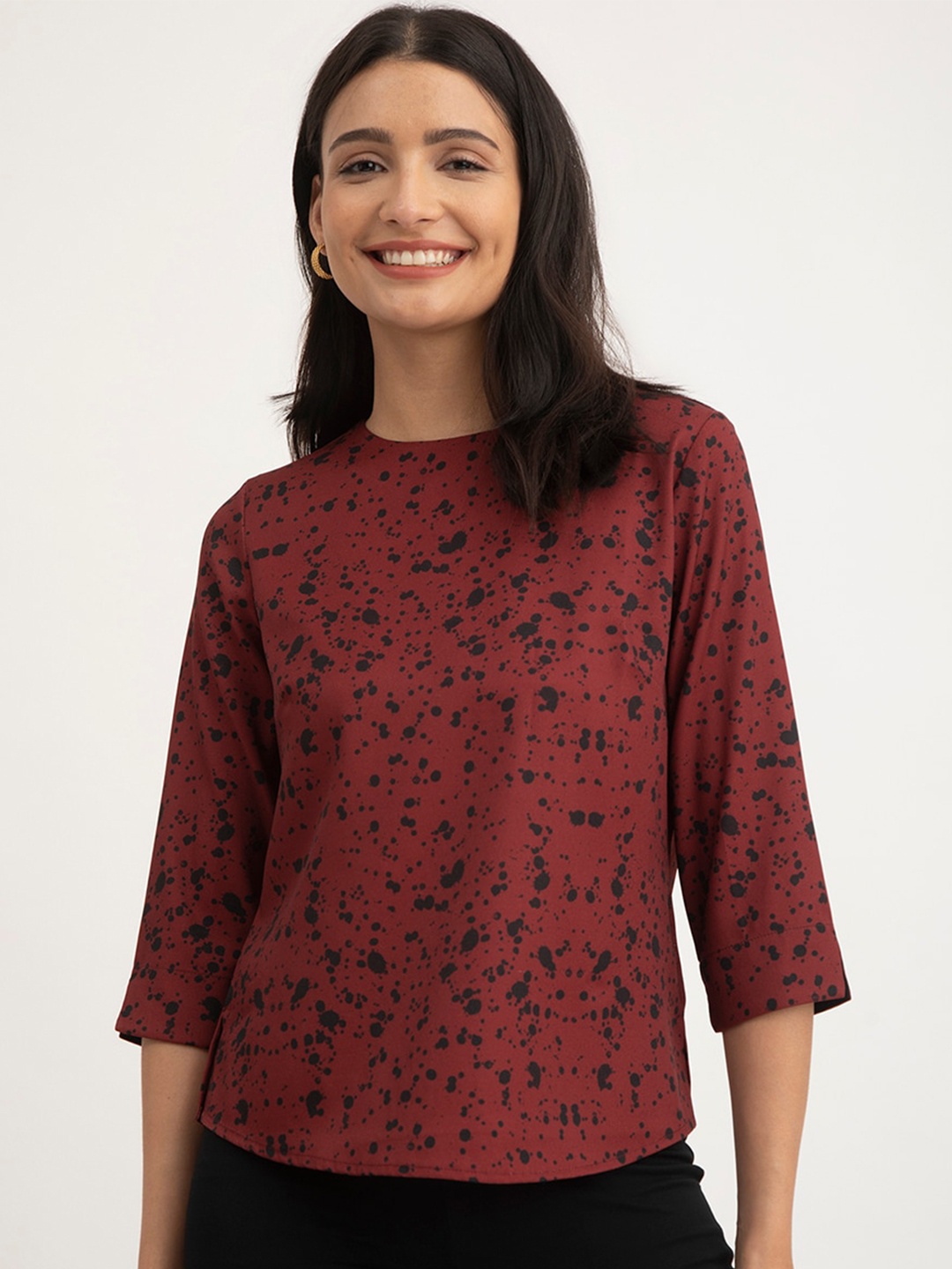 

FableStreet Abstract Printed Crew Neck Three-Quarter Sleeves Top, Maroon