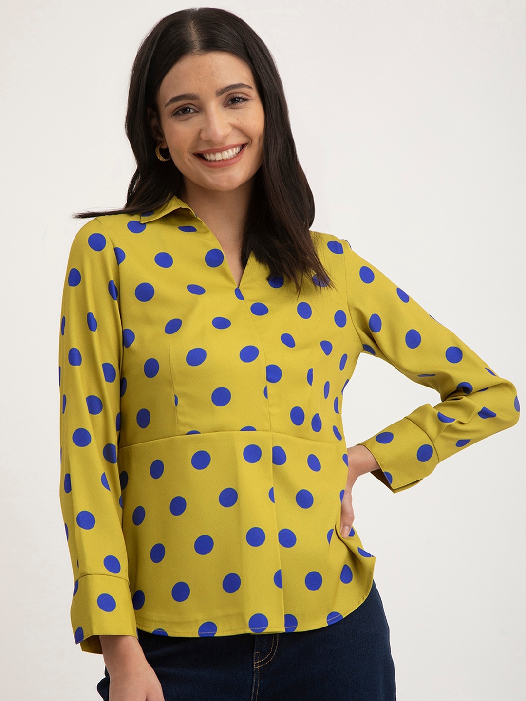 

FableStreet Polka Dot Printed Shirt Collar Cuffed Sleeves Top, Green