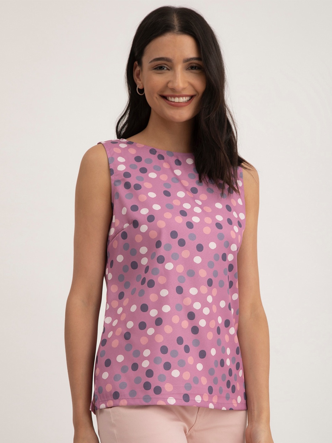

FableStreet Polka Dots Printed Round Neck Sleeveless Top, Purple