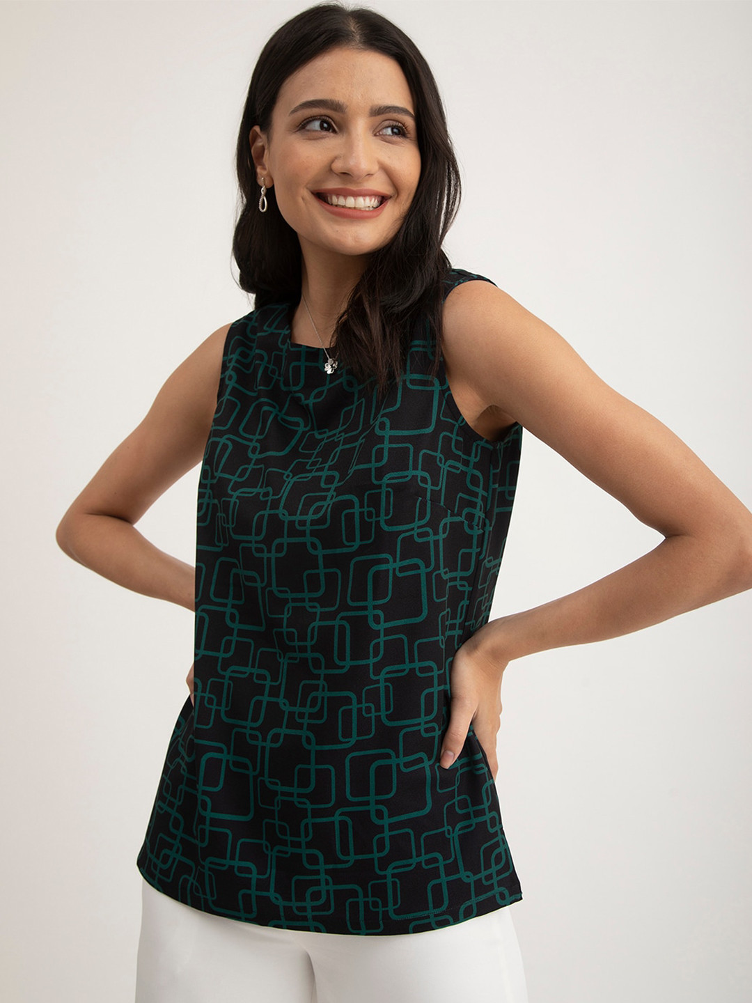 

FableStreet Abstract Printed Round Neck Top, Green