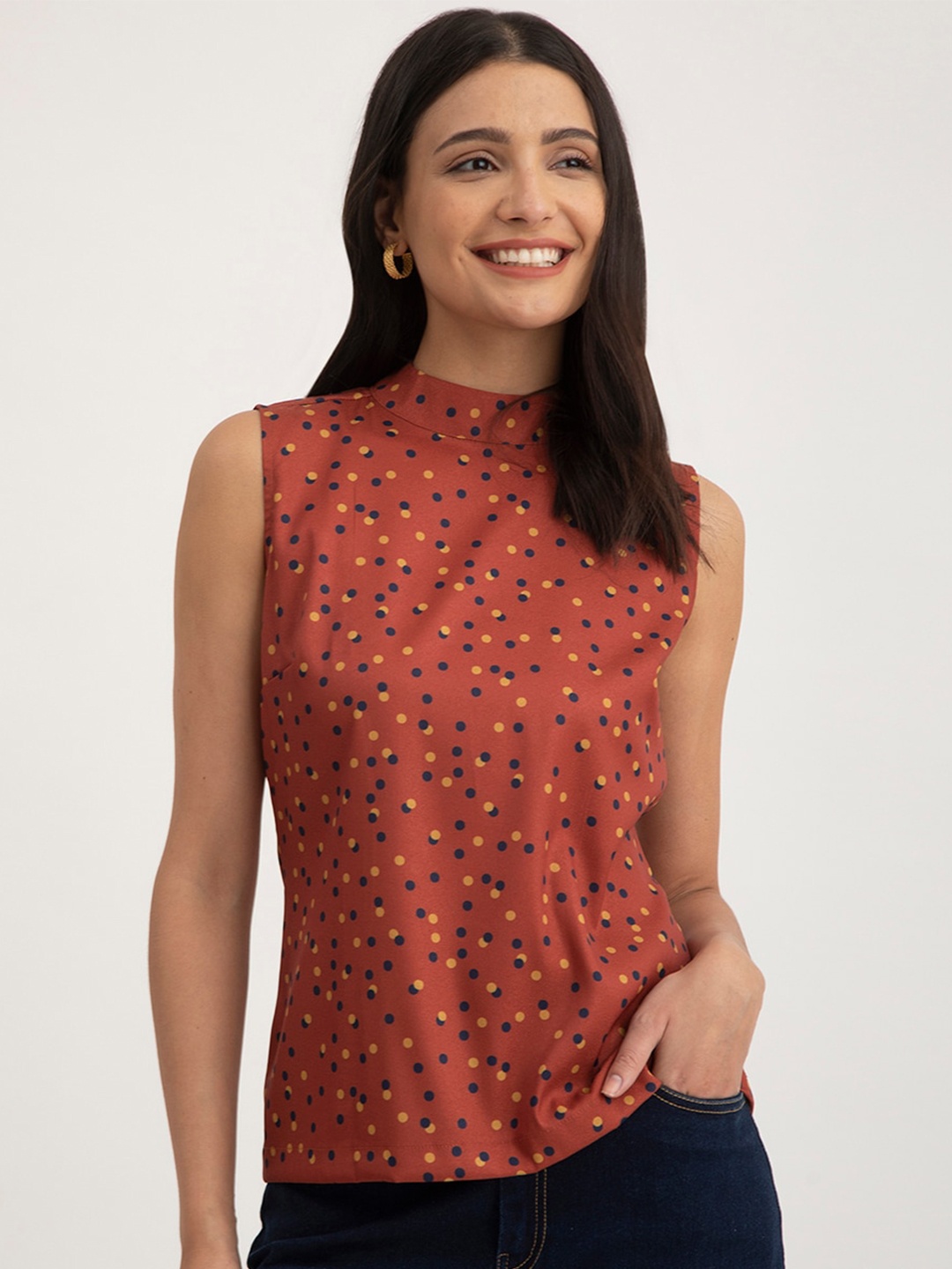 

FableStreet Polka Dots Printed High Neck Sleeveless Top, Rust