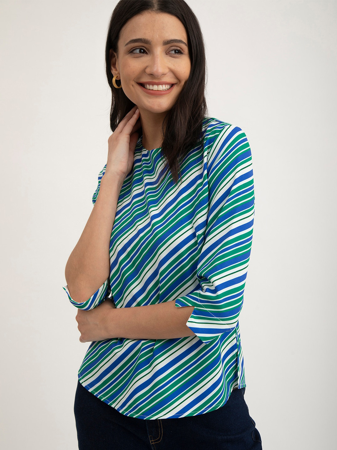 

FableStreet Vertical Stripes Crew Neck Three-Quarter Sleeves Top, Blue