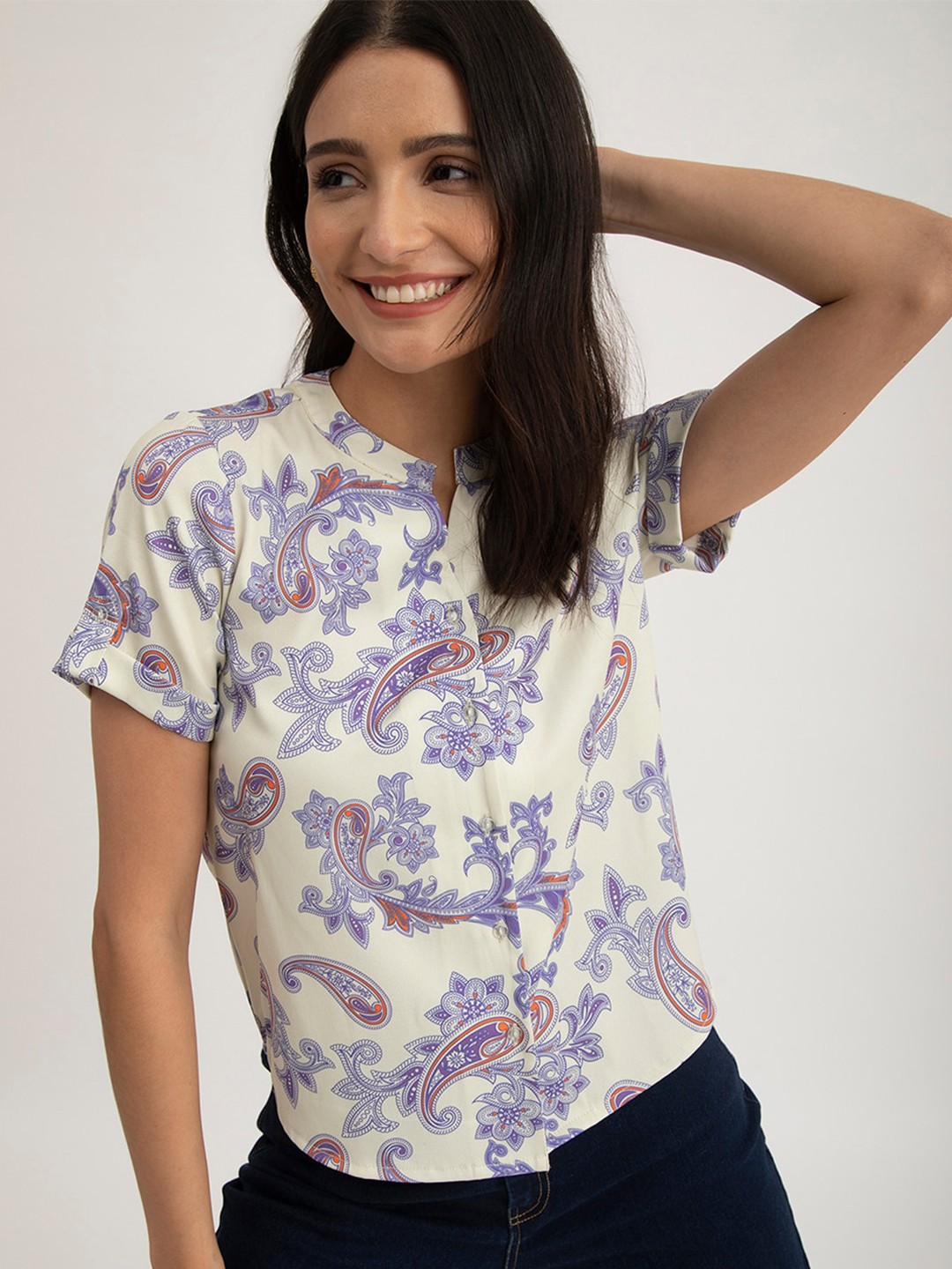 

FableStreet Floral Printed Mandarin Collar Shirt Style Top, Off white