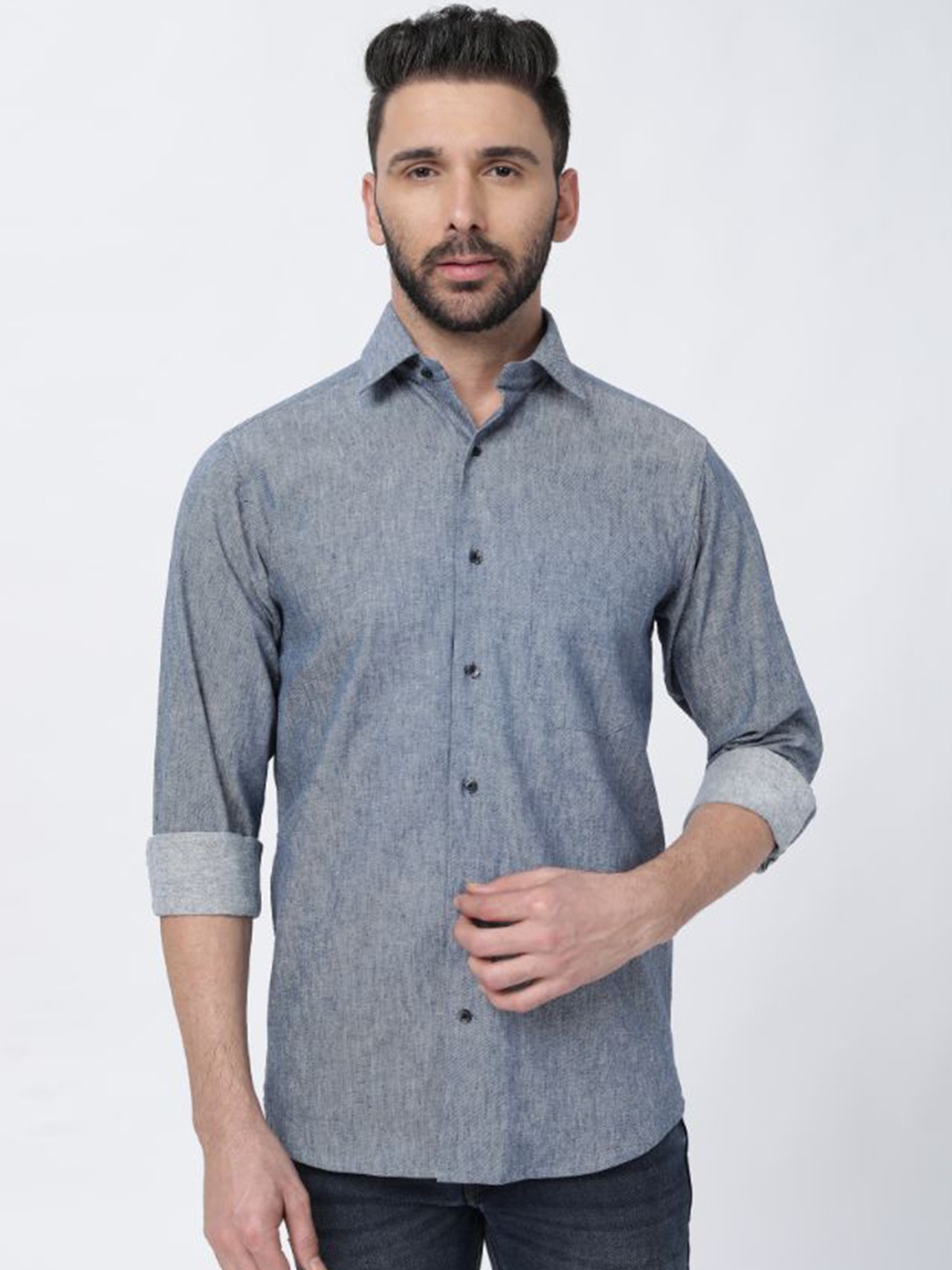 

FRENCH CROWN Spread Collar Twill Linen Casual Shirt, Grey