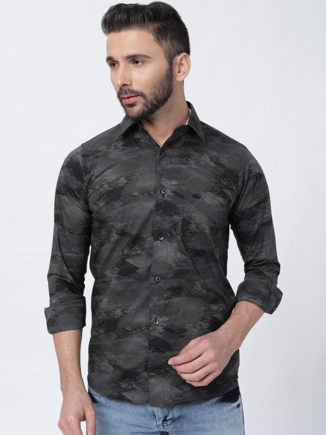 

FRENCH CROWN Abstract Printed Twill Cotton Casual Shirt, Grey